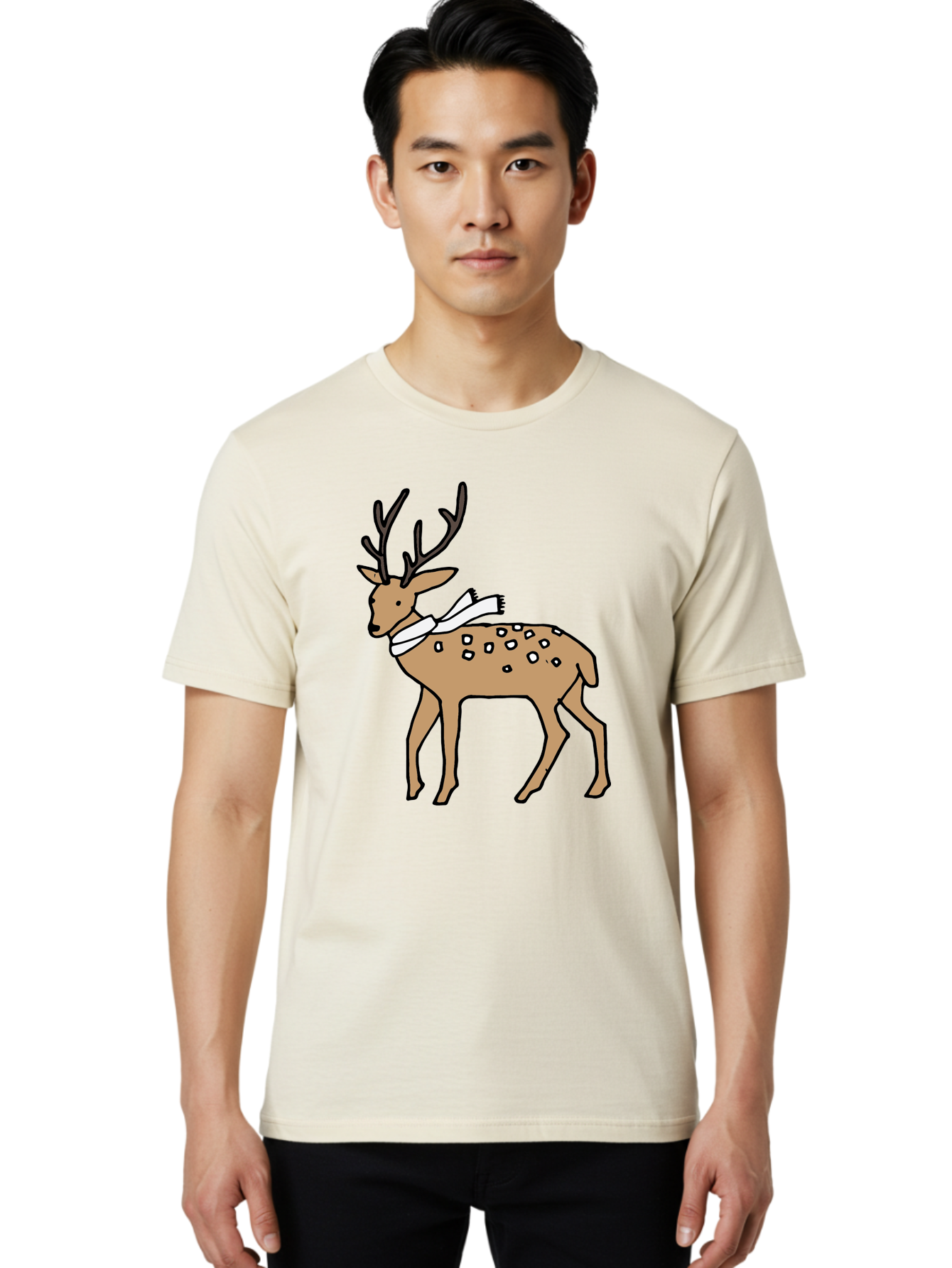 Deer-With-Scarf Men'S Graphic Tee, 100% Cotton, Comfortable Casual Summer Wear, Machine Washable, Cartoon Deer, Brown Deer, White Scarf, Black Spots, Festive Animal, Winter Illustration, Holiday Character, Deer Illustration, Scarf Wrapped, -  Aaa853