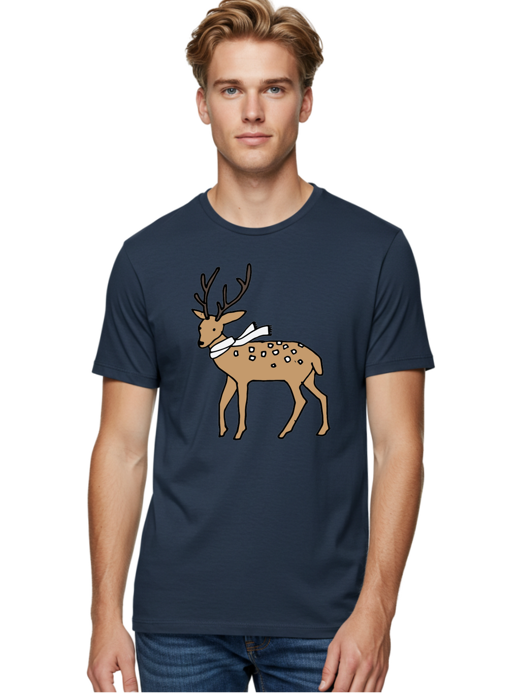 Deer-With-Scarf Men'S Graphic Tee, 100% Cotton, Comfortable Casual Summer Wear, Machine Washable, Cartoon Deer, Brown Deer, White Scarf, Black Spots, Festive Animal, Winter Illustration, Holiday Character, Deer Illustration, Scarf Wrapped, -  Aaa853