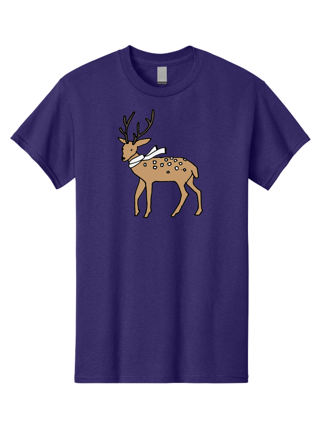 Deer-With-Scarf Men'S Graphic Tee, 100% Cotton, Comfortable Casual Summer Wear, Machine Washable, Cartoon Deer, Brown Deer, White Scarf, Black Spots, Festive Animal, Winter Illustration, Holiday Character, Deer Illustration, Scarf Wrapped, -  Aaa853