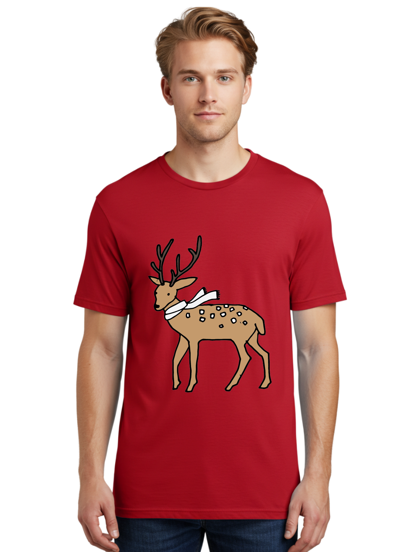 Deer-With-Scarf Men'S Graphic Tee, 100% Cotton, Comfortable Casual Summer Wear, Machine Washable, Cartoon Deer, Brown Deer, White Scarf, Black Spots, Festive Animal, Winter Illustration, Holiday Character, Deer Illustration, Scarf Wrapped, -  Aaa853