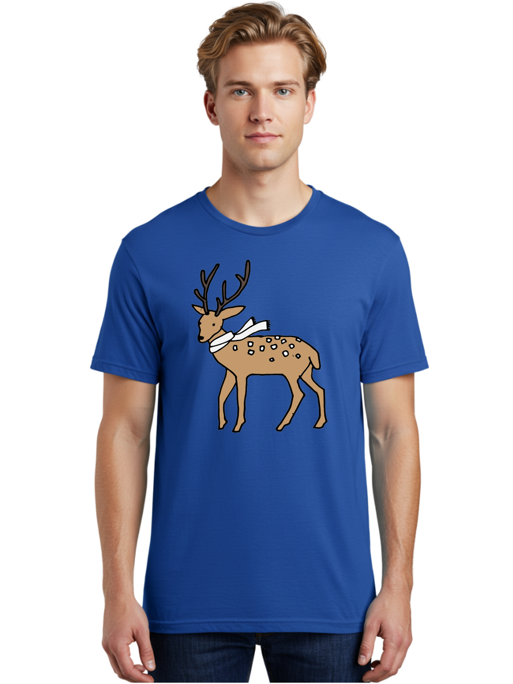 Deer-With-Scarf Men'S Graphic Tee, 100% Cotton, Comfortable Casual Summer Wear, Machine Washable, Cartoon Deer, Brown Deer, White Scarf, Black Spots, Festive Animal, Winter Illustration, Holiday Character, Deer Illustration, Scarf Wrapped, -  Aaa853