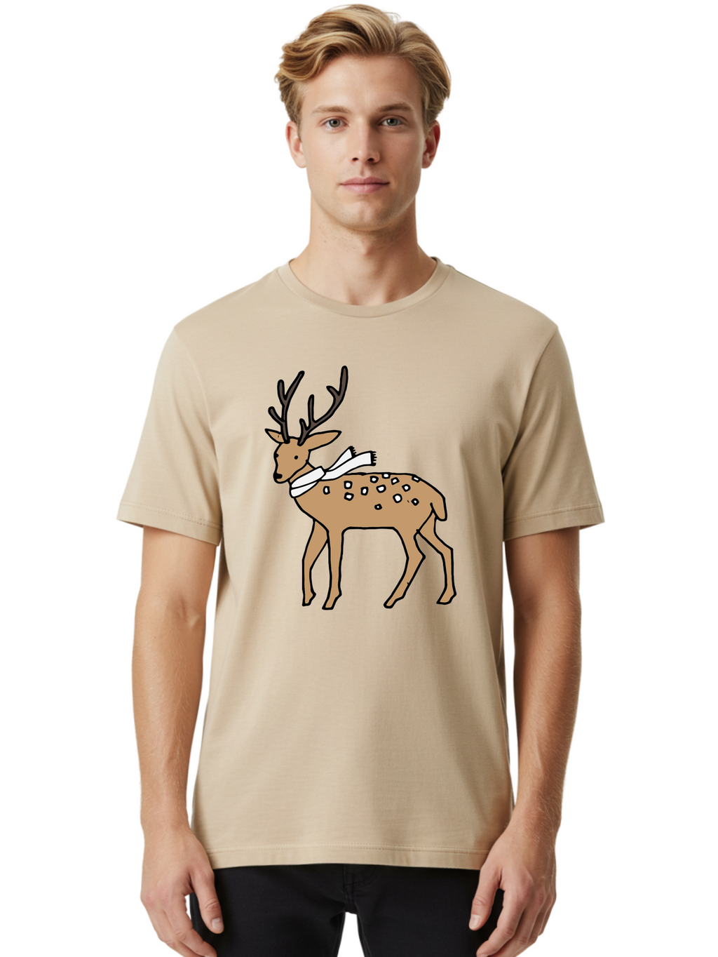 Deer-With-Scarf Men'S Graphic Tee, 100% Cotton, Comfortable Casual Summer Wear, Machine Washable, Cartoon Deer, Brown Deer, White Scarf, Black Spots, Festive Animal, Winter Illustration, Holiday Character, Deer Illustration, Scarf Wrapped, -  Aaa853