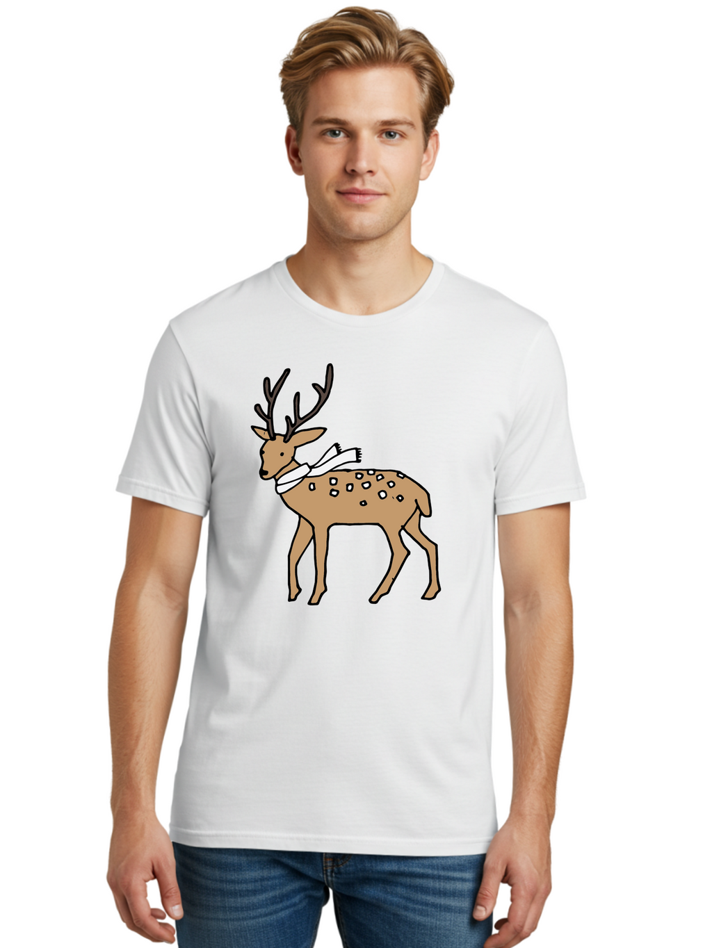 Deer-With-Scarf Men'S Graphic Tee, 100% Cotton, Comfortable Casual Summer Wear, Machine Washable, Cartoon Deer, Brown Deer, White Scarf, Black Spots, Festive Animal, Winter Illustration, Holiday Character, Deer Illustration, Scarf Wrapped, -  Aaa853