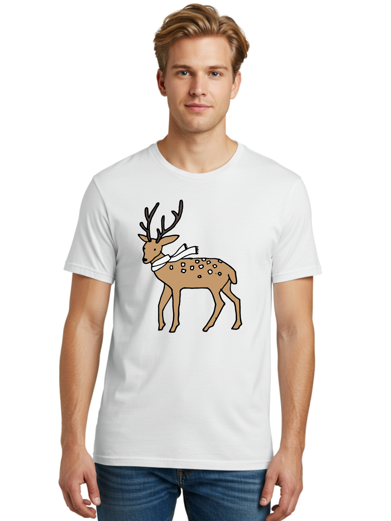 Deer-With-Scarf Men'S Graphic Tee, 100% Cotton, Comfortable Casual Summer Wear, Machine Washable, Cartoon Deer, Brown Deer, White Scarf, Black Spots, Festive Animal, Winter Illustration, Holiday Character, Deer Illustration, Scarf Wrapped, -  Aaa853