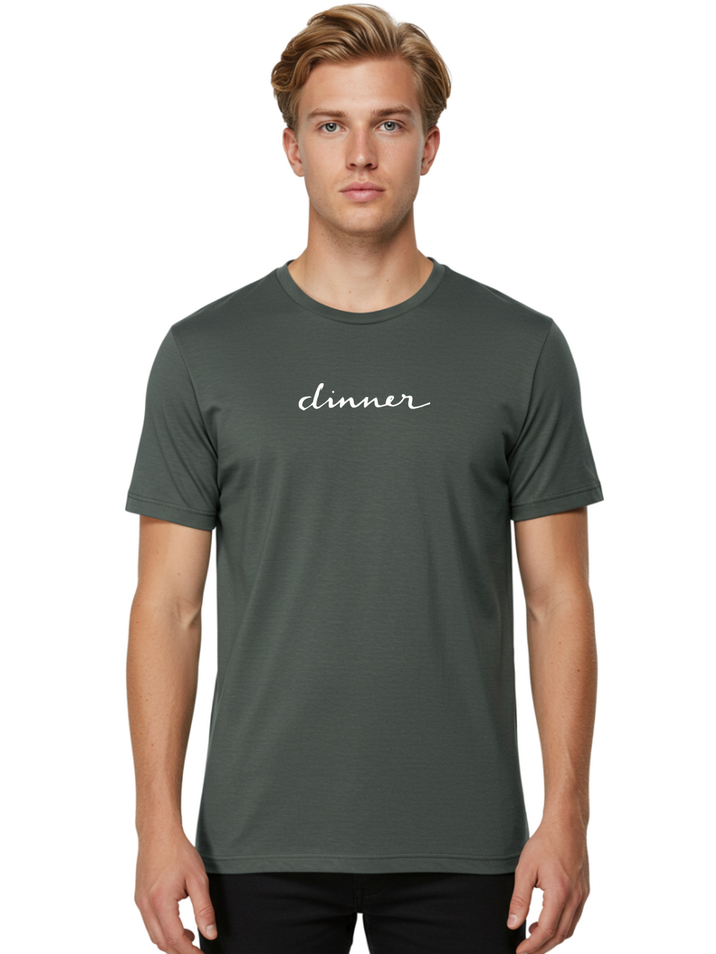 Dinner Men'S Graphic Tee, 100% Cotton, Comfortable Casual Summer Wear, Machine Washable, Dinner Invitation, Cursive Text, Elegant Font, Dinner Party, Fine Dining, Culinary Experience, Restaurant Ambiance -  Aaa857