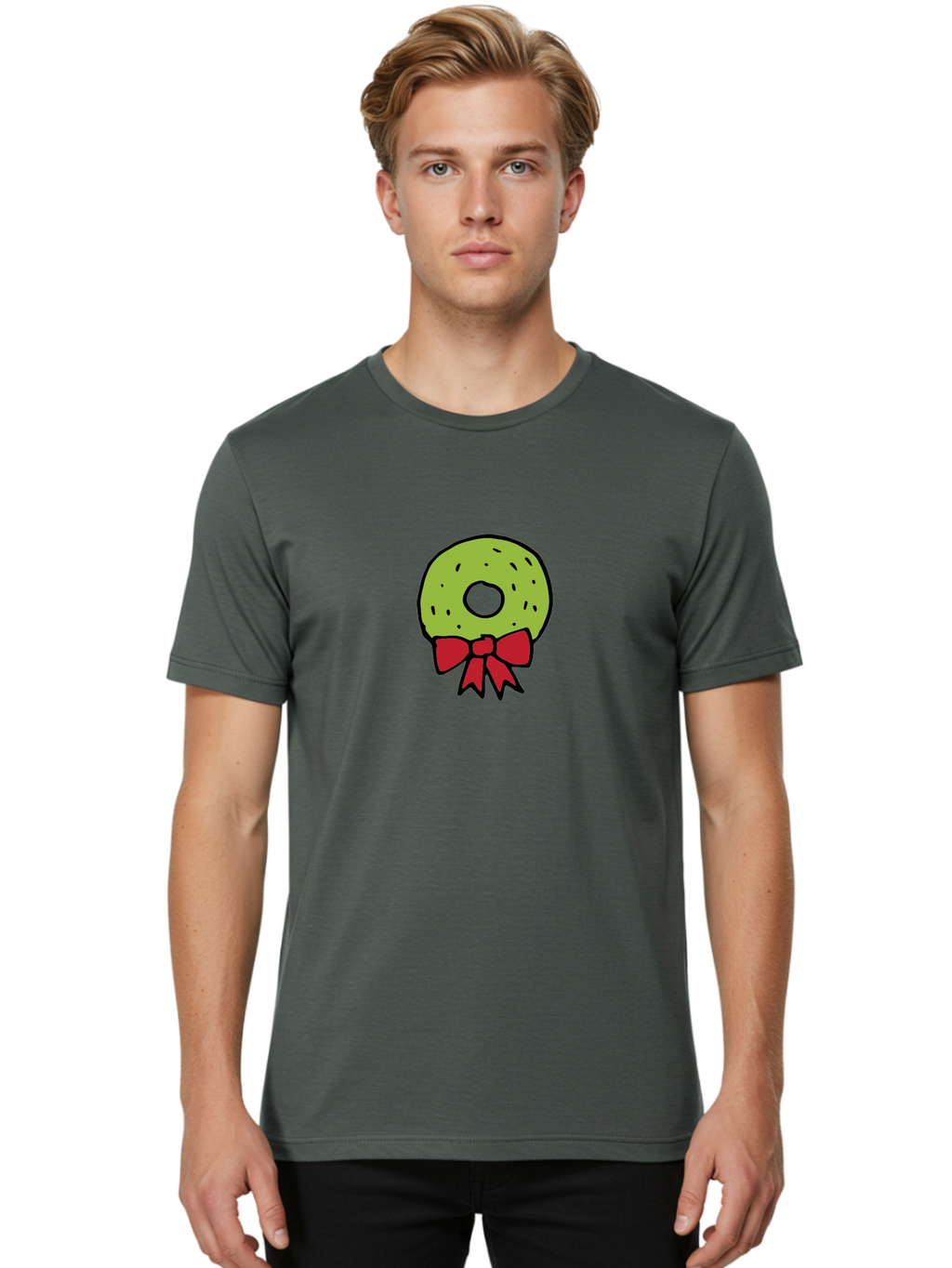 Donut-With-Red-Bow Men'S Graphic Tee, 100% Cotton, Comfortable Casual Summer Wear, Machine Washable, Cartoon Donut, Sweet Treat, Red Bow, Black Outline, Green Frosting, Pop Art Style, Fun Illustration, Tasty Pastry, Creative Artwork -  Aaa861