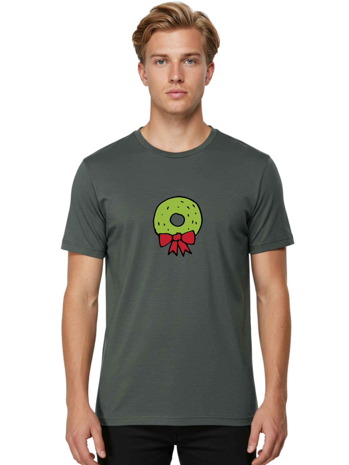 Donut-With-Red-Bow Men'S Graphic Tee, 100% Cotton, Comfortable Casual Summer Wear, Machine Washable, Cartoon Donut, Sweet Treat, Red Bow, Black Outline, Green Frosting, Pop Art Style, Fun Illustration, Tasty Pastry, Creative Artwork -  Aaa861
