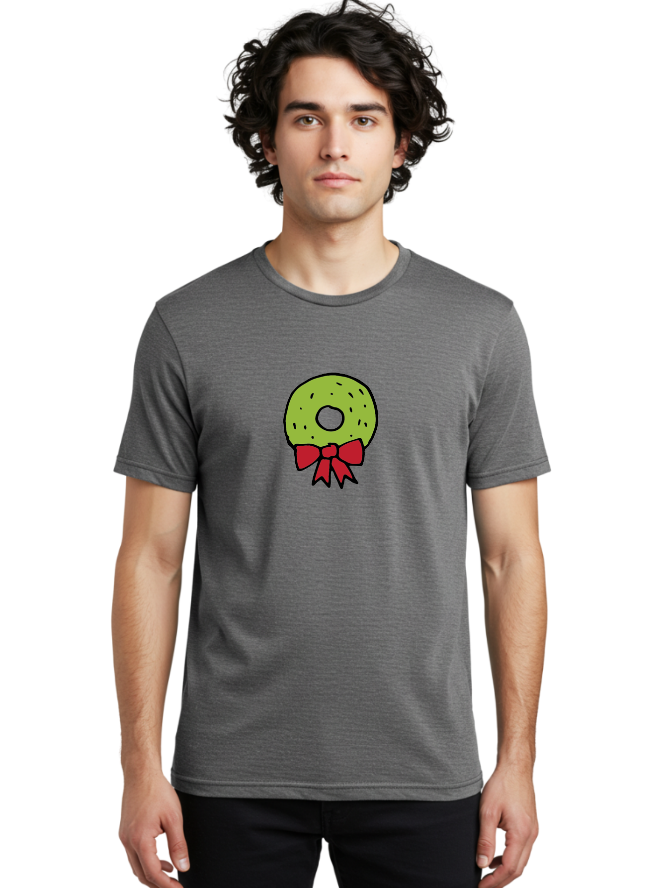 Donut-With-Red-Bow Men'S Graphic Tee, 100% Cotton, Comfortable Casual Summer Wear, Machine Washable, Cartoon Donut, Sweet Treat, Red Bow, Black Outline, Green Frosting, Pop Art Style, Fun Illustration, Tasty Pastry, Creative Artwork -  Aaa861