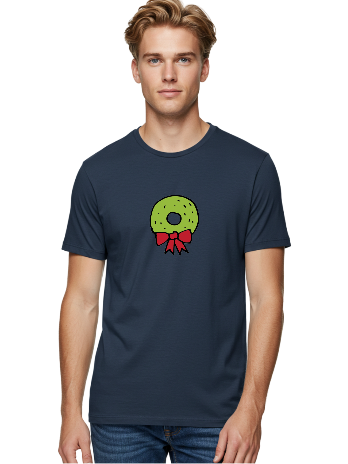 Donut-With-Red-Bow Men'S Graphic Tee, 100% Cotton, Comfortable Casual Summer Wear, Machine Washable, Cartoon Donut, Sweet Treat, Red Bow, Black Outline, Green Frosting, Pop Art Style, Fun Illustration, Tasty Pastry, Creative Artwork -  Aaa861