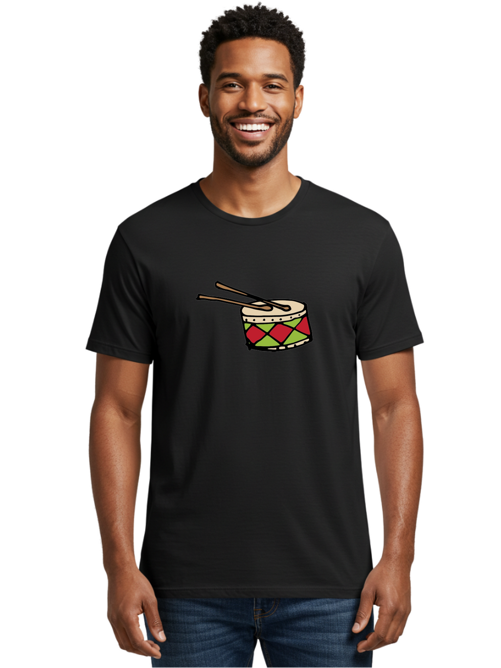 Drum-With-Drumsticks Men'S Graphic Tee, 100% Cotton, Comfortable Casual Summer Wear, Machine Washable, Drum With Drumsticks, Percussion Instrument, Music, Rhythm, Red And Green Design, Drumming, Musical Instrument -  Aaa865