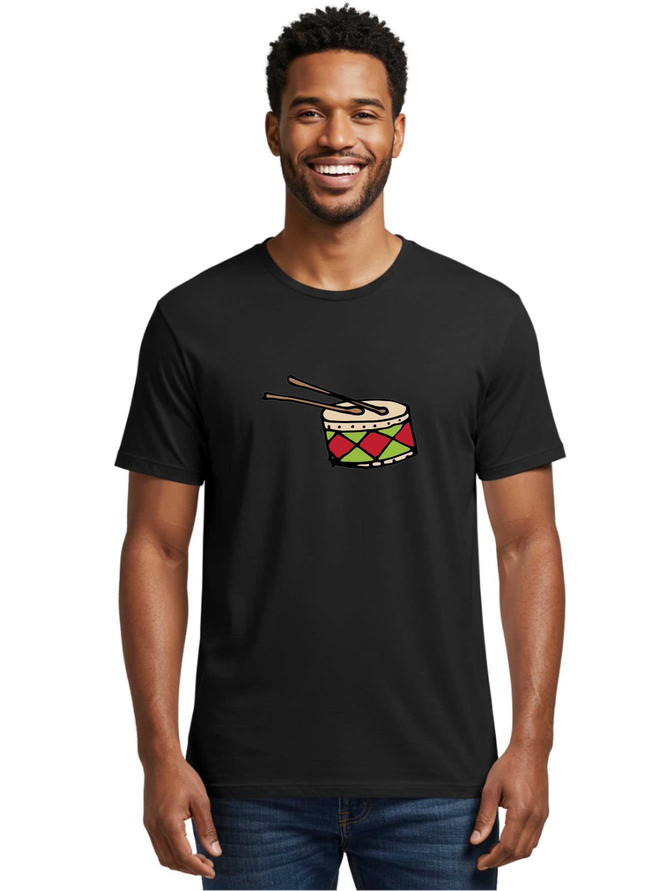 Drum-With-Drumsticks Men'S Graphic Tee, 100% Cotton, Comfortable Casual Summer Wear, Machine Washable, Drum With Drumsticks, Percussion Instrument, Music, Rhythm, Red And Green Design, Drumming, Musical Instrument -  Aaa865