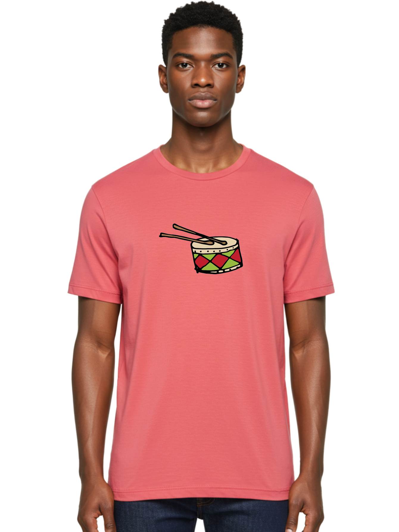 Drum-With-Drumsticks Men'S Graphic Tee, 100% Cotton, Comfortable Casual Summer Wear, Machine Washable, Drum With Drumsticks, Percussion Instrument, Music, Rhythm, Red And Green Design, Drumming, Musical Instrument -  Aaa865