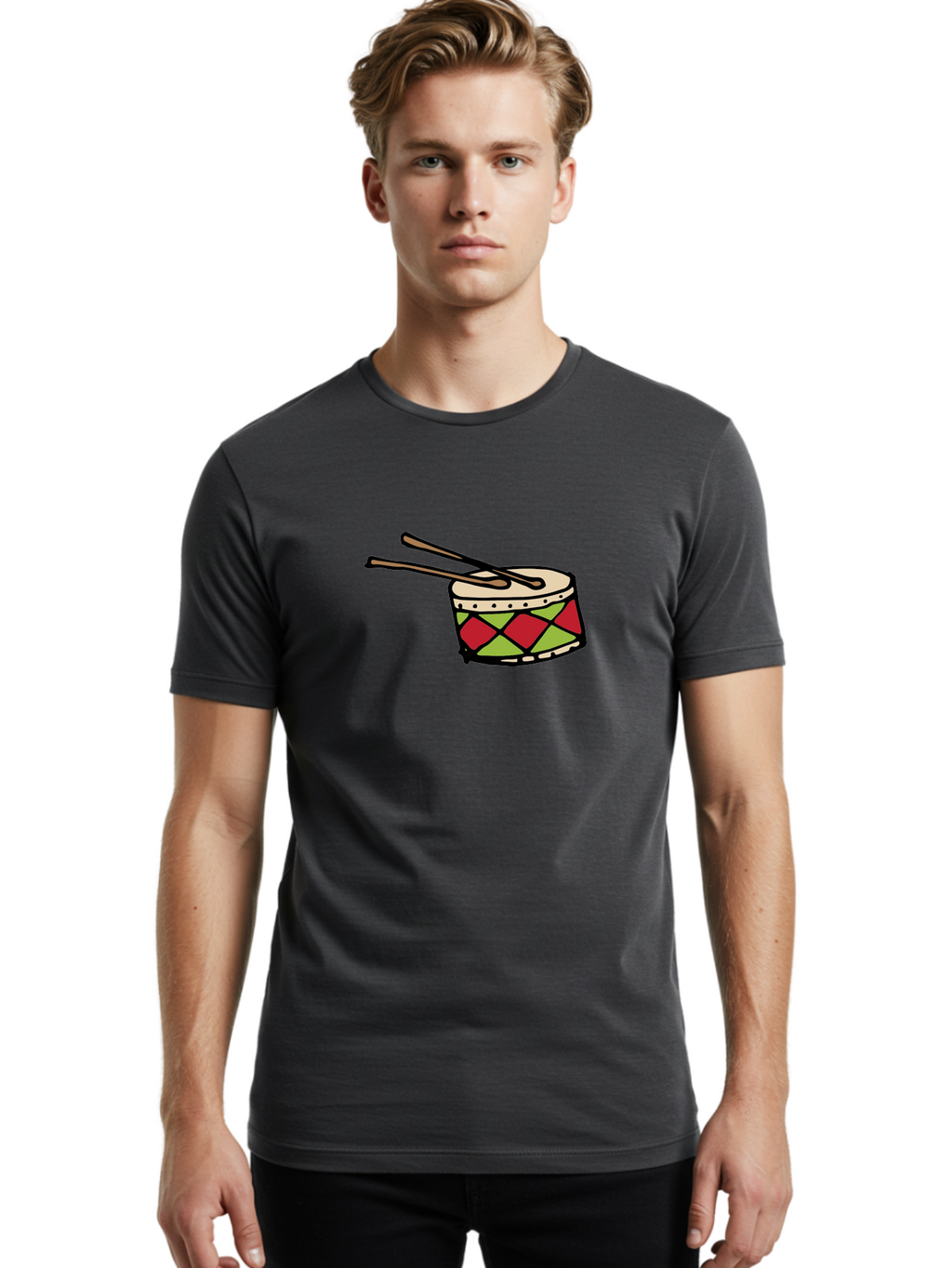 Drum-With-Drumsticks Men'S Graphic Tee, 100% Cotton, Comfortable Casual Summer Wear, Machine Washable, Drum With Drumsticks, Percussion Instrument, Music, Rhythm, Red And Green Design, Drumming, Musical Instrument -  Aaa865