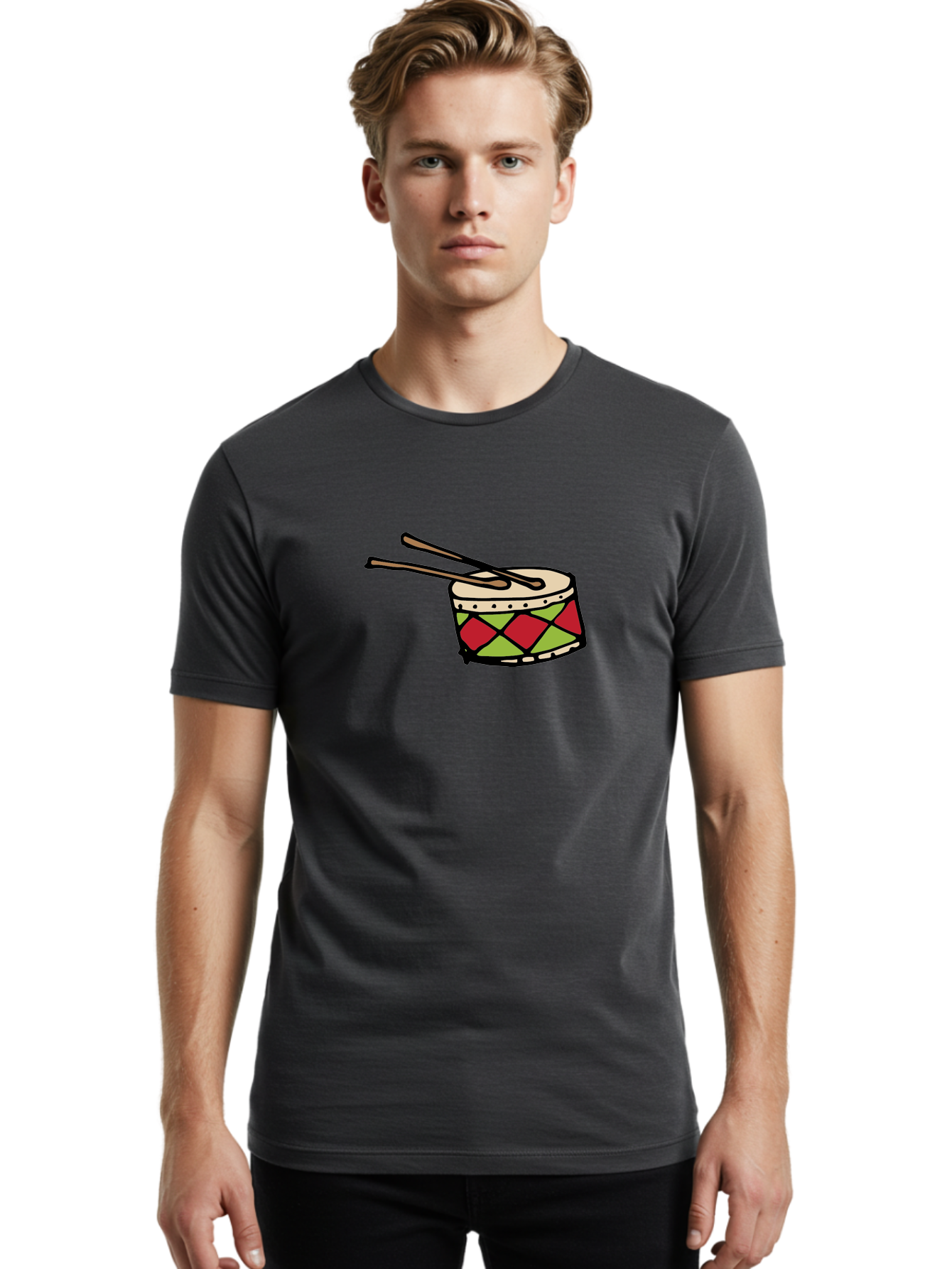 Drum-With-Drumsticks Men'S Graphic Tee, 100% Cotton, Comfortable Casual Summer Wear, Machine Washable, Drum With Drumsticks, Percussion Instrument, Music, Rhythm, Red And Green Design, Drumming, Musical Instrument -  Aaa865