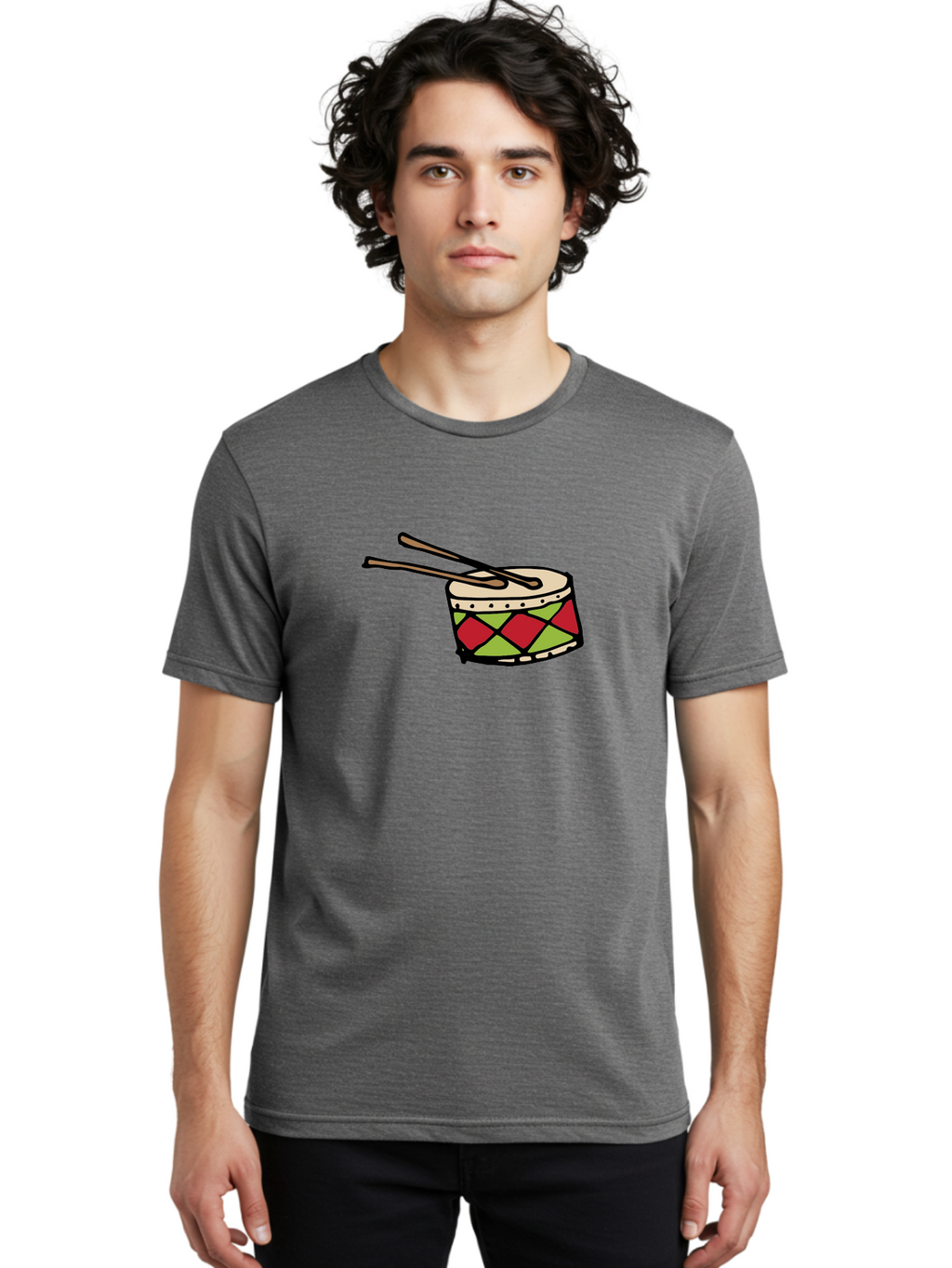 Drum-With-Drumsticks Men'S Graphic Tee, 100% Cotton, Comfortable Casual Summer Wear, Machine Washable, Drum With Drumsticks, Percussion Instrument, Music, Rhythm, Red And Green Design, Drumming, Musical Instrument -  Aaa865
