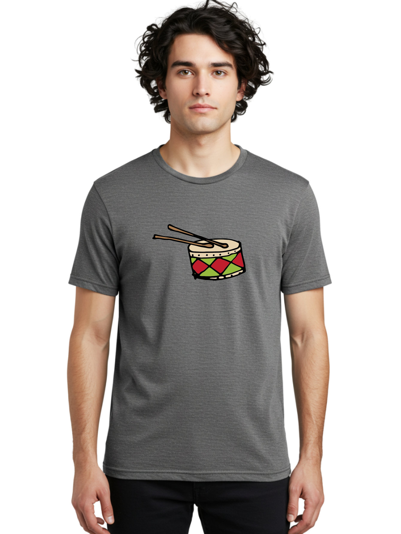 Drum-With-Drumsticks Men'S Graphic Tee, 100% Cotton, Comfortable Casual Summer Wear, Machine Washable, Drum With Drumsticks, Percussion Instrument, Music, Rhythm, Red And Green Design, Drumming, Musical Instrument -  Aaa865
