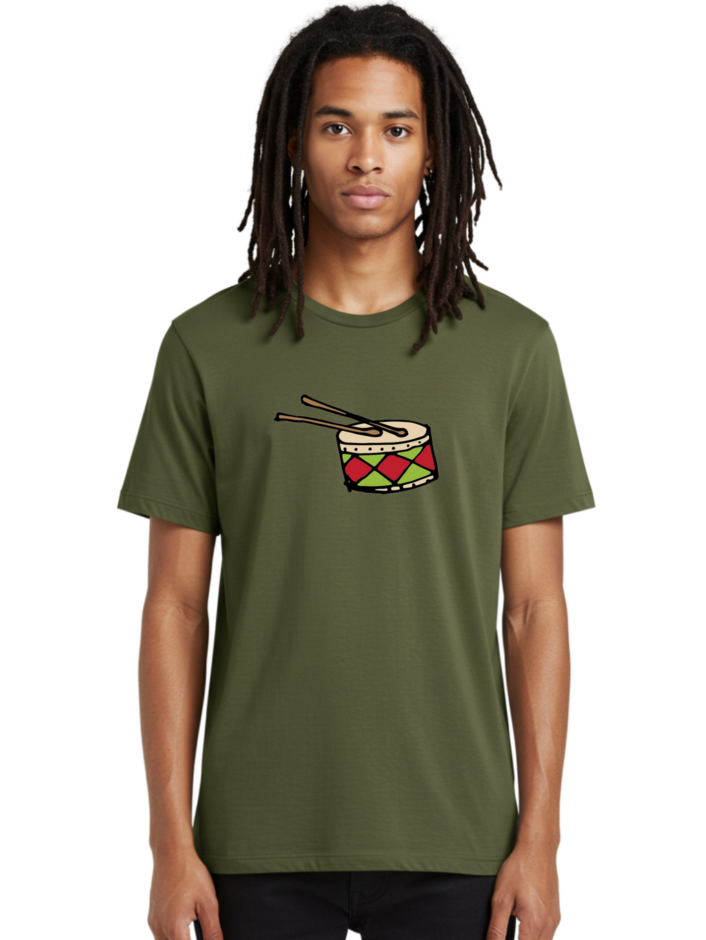 Drum-With-Drumsticks Men'S Graphic Tee, 100% Cotton, Comfortable Casual Summer Wear, Machine Washable, Drum With Drumsticks, Percussion Instrument, Music, Rhythm, Red And Green Design, Drumming, Musical Instrument -  Aaa865
