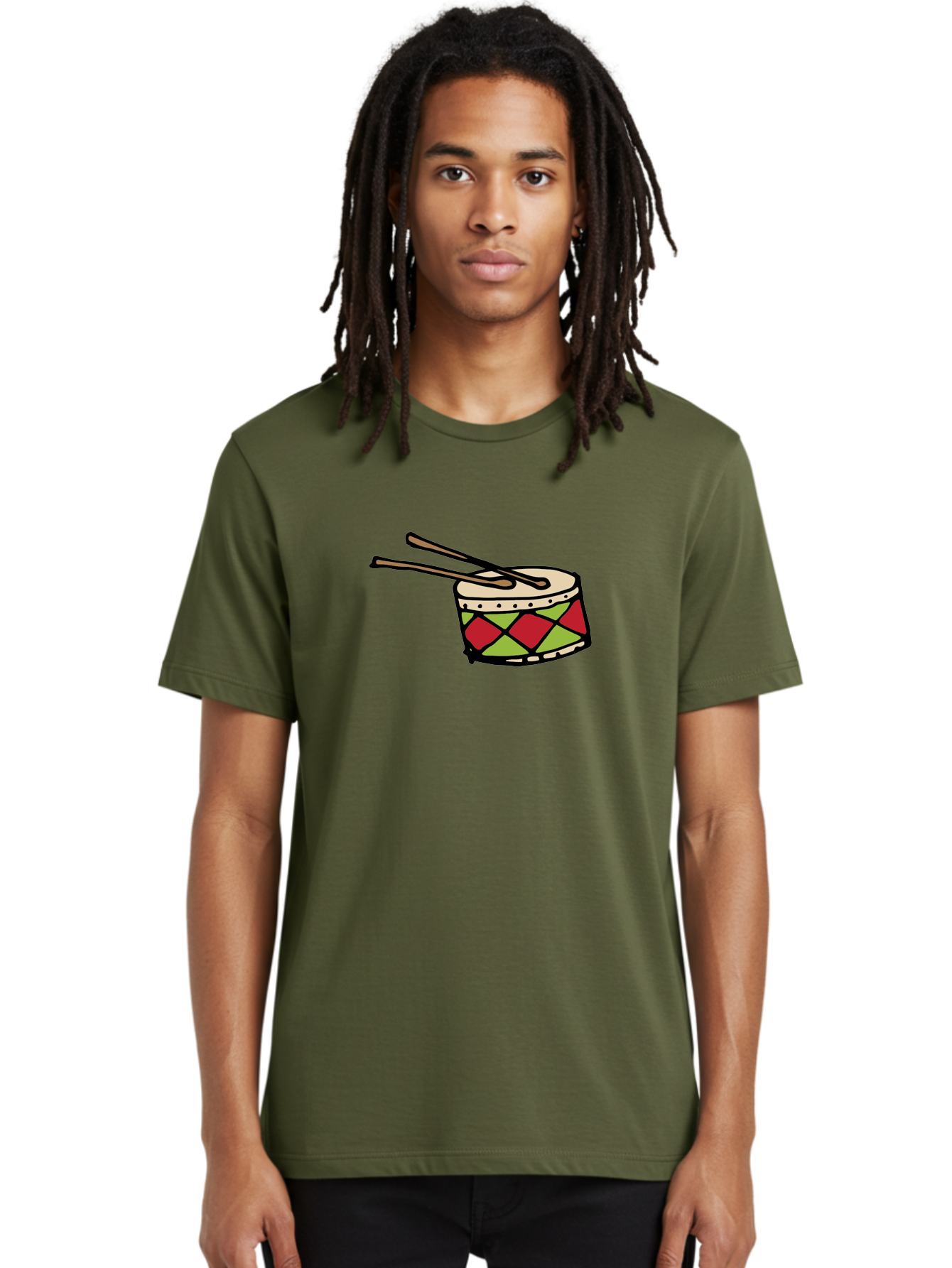 Drum-With-Drumsticks Men'S Graphic Tee, 100% Cotton, Comfortable Casual Summer Wear, Machine Washable, Drum With Drumsticks, Percussion Instrument, Music, Rhythm, Red And Green Design, Drumming, Musical Instrument -  Aaa865