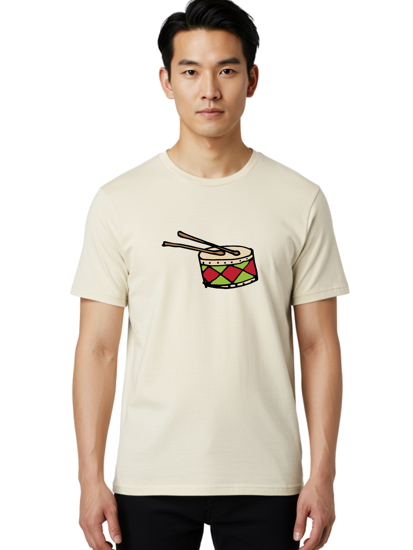 Drum-With-Drumsticks Men'S Graphic Tee, 100% Cotton, Comfortable Casual Summer Wear, Machine Washable, Drum With Drumsticks, Percussion Instrument, Music, Rhythm, Red And Green Design, Drumming, Musical Instrument -  Aaa865