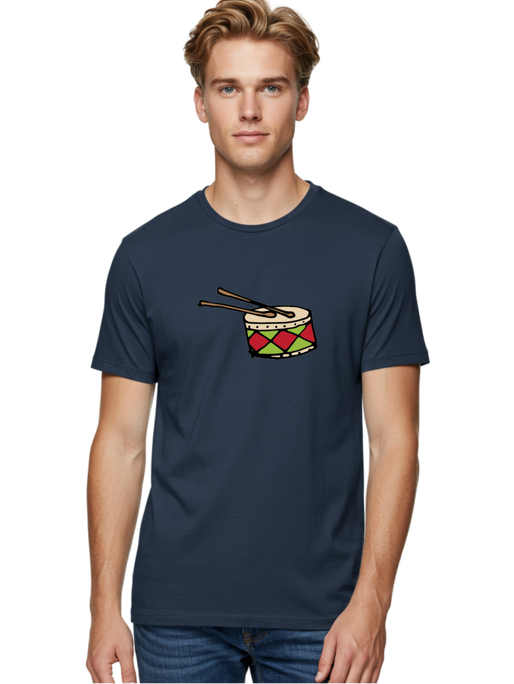 Drum-With-Drumsticks Men'S Graphic Tee, 100% Cotton, Comfortable Casual Summer Wear, Machine Washable, Drum With Drumsticks, Percussion Instrument, Music, Rhythm, Red And Green Design, Drumming, Musical Instrument -  Aaa865