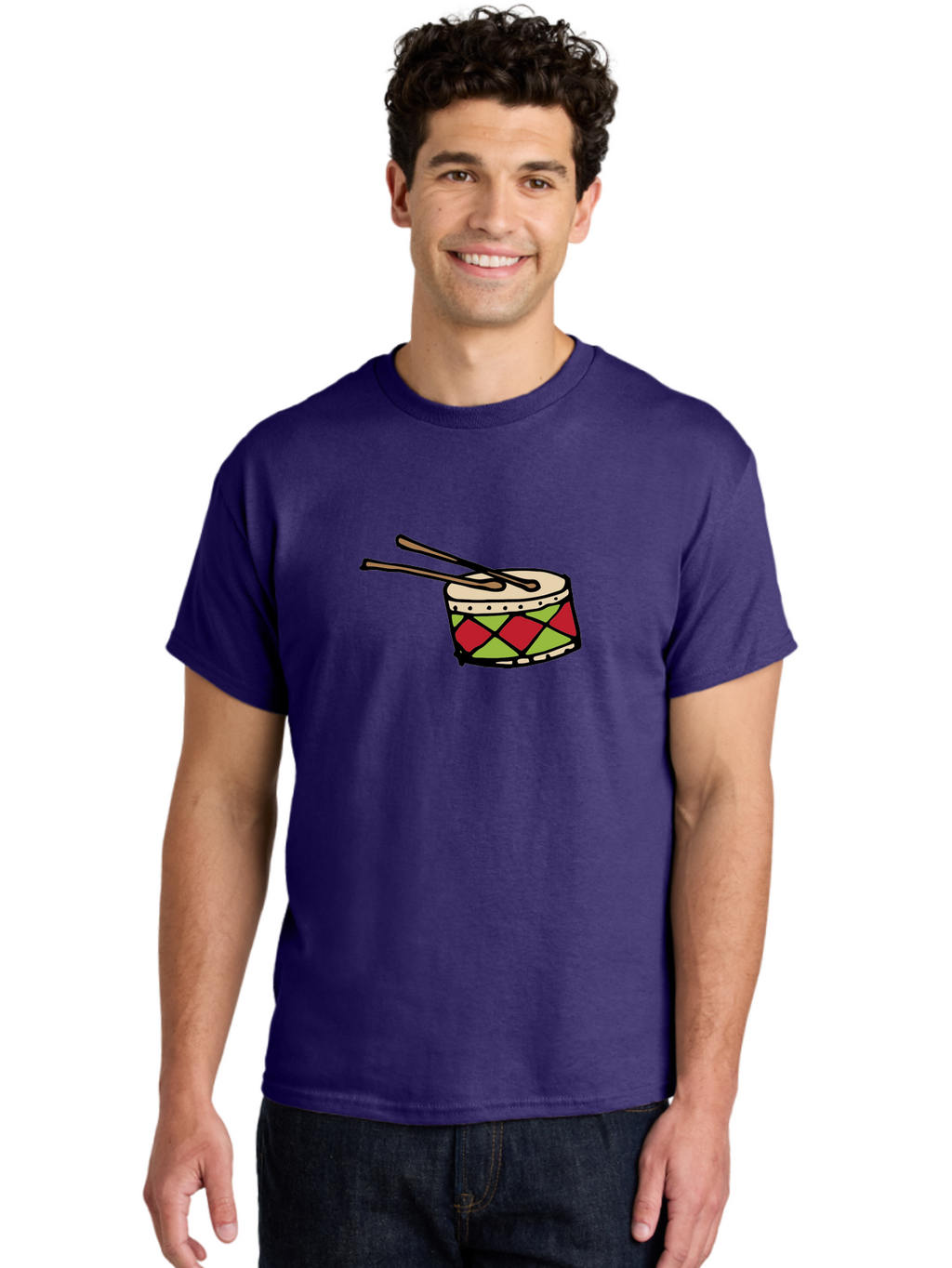 Drum-With-Drumsticks Men'S Graphic Tee, 100% Cotton, Comfortable Casual Summer Wear, Machine Washable, Drum With Drumsticks, Percussion Instrument, Music, Rhythm, Red And Green Design, Drumming, Musical Instrument -  Aaa865
