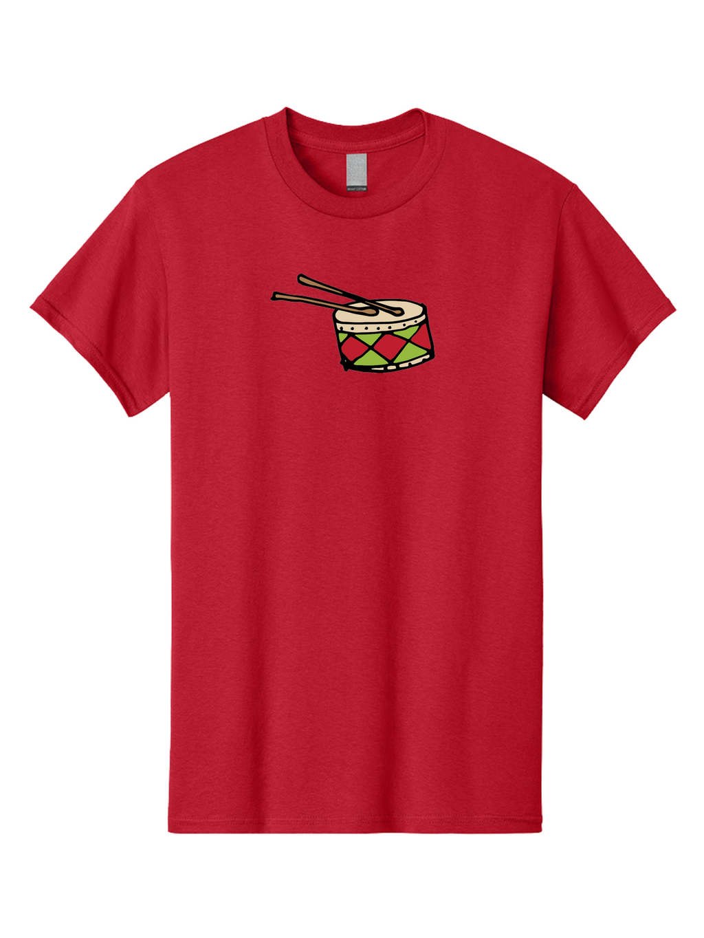 Drum-With-Drumsticks Men'S Graphic Tee, 100% Cotton, Comfortable Casual Summer Wear, Machine Washable, Drum With Drumsticks, Percussion Instrument, Music, Rhythm, Red And Green Design, Drumming, Musical Instrument -  Aaa865