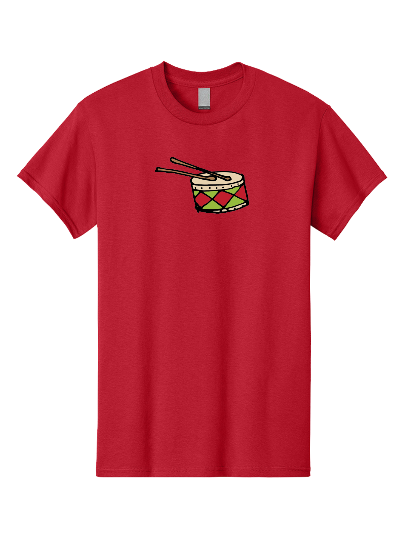 Drum-With-Drumsticks Men'S Graphic Tee, 100% Cotton, Comfortable Casual Summer Wear, Machine Washable, Drum With Drumsticks, Percussion Instrument, Music, Rhythm, Red And Green Design, Drumming, Musical Instrument -  Aaa865