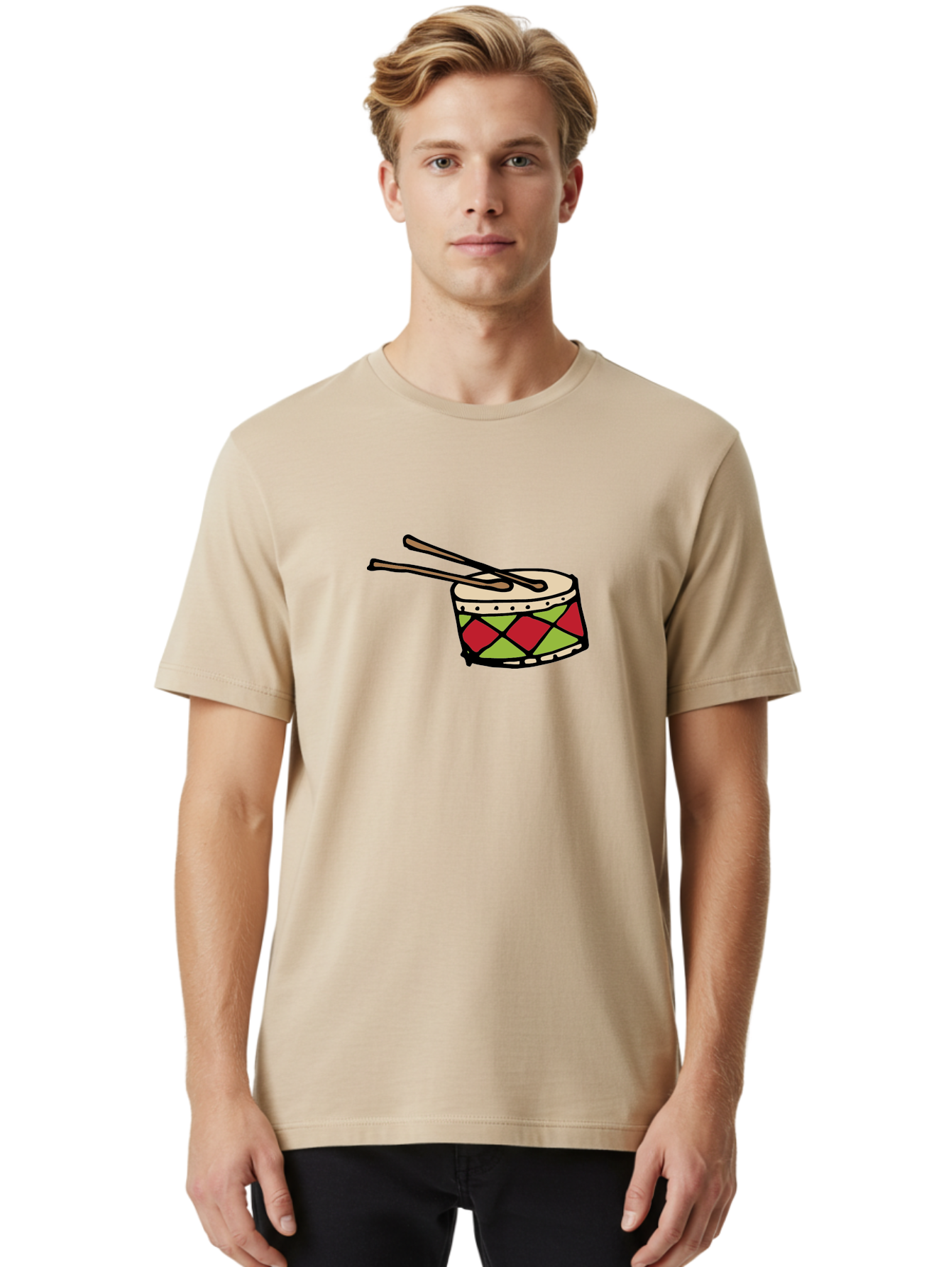 Drum-With-Drumsticks Men'S Graphic Tee, 100% Cotton, Comfortable Casual Summer Wear, Machine Washable, Drum With Drumsticks, Percussion Instrument, Music, Rhythm, Red And Green Design, Drumming, Musical Instrument -  Aaa865