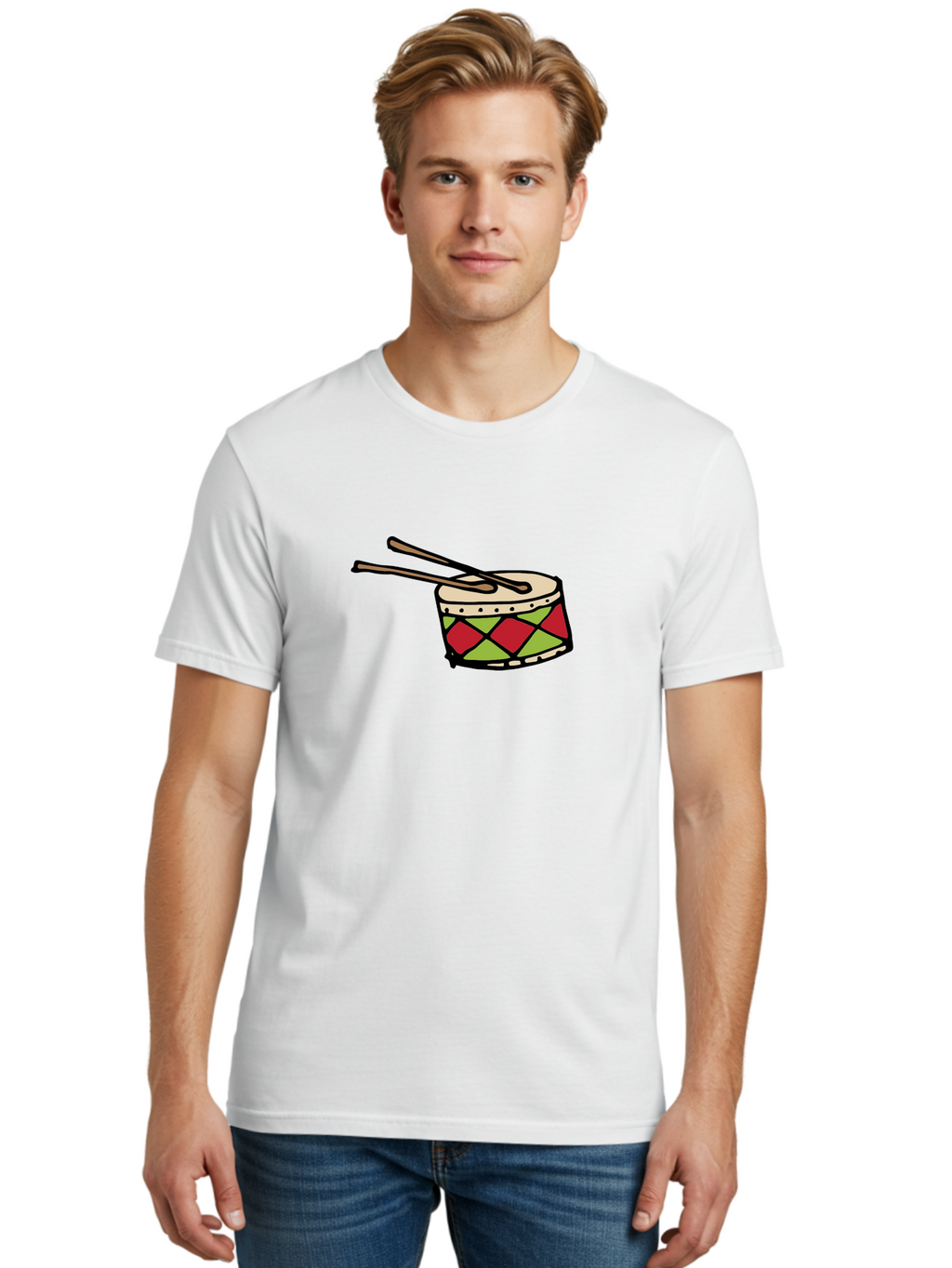 Drum-With-Drumsticks Men'S Graphic Tee, 100% Cotton, Comfortable Casual Summer Wear, Machine Washable, Drum With Drumsticks, Percussion Instrument, Music, Rhythm, Red And Green Design, Drumming, Musical Instrument -  Aaa865