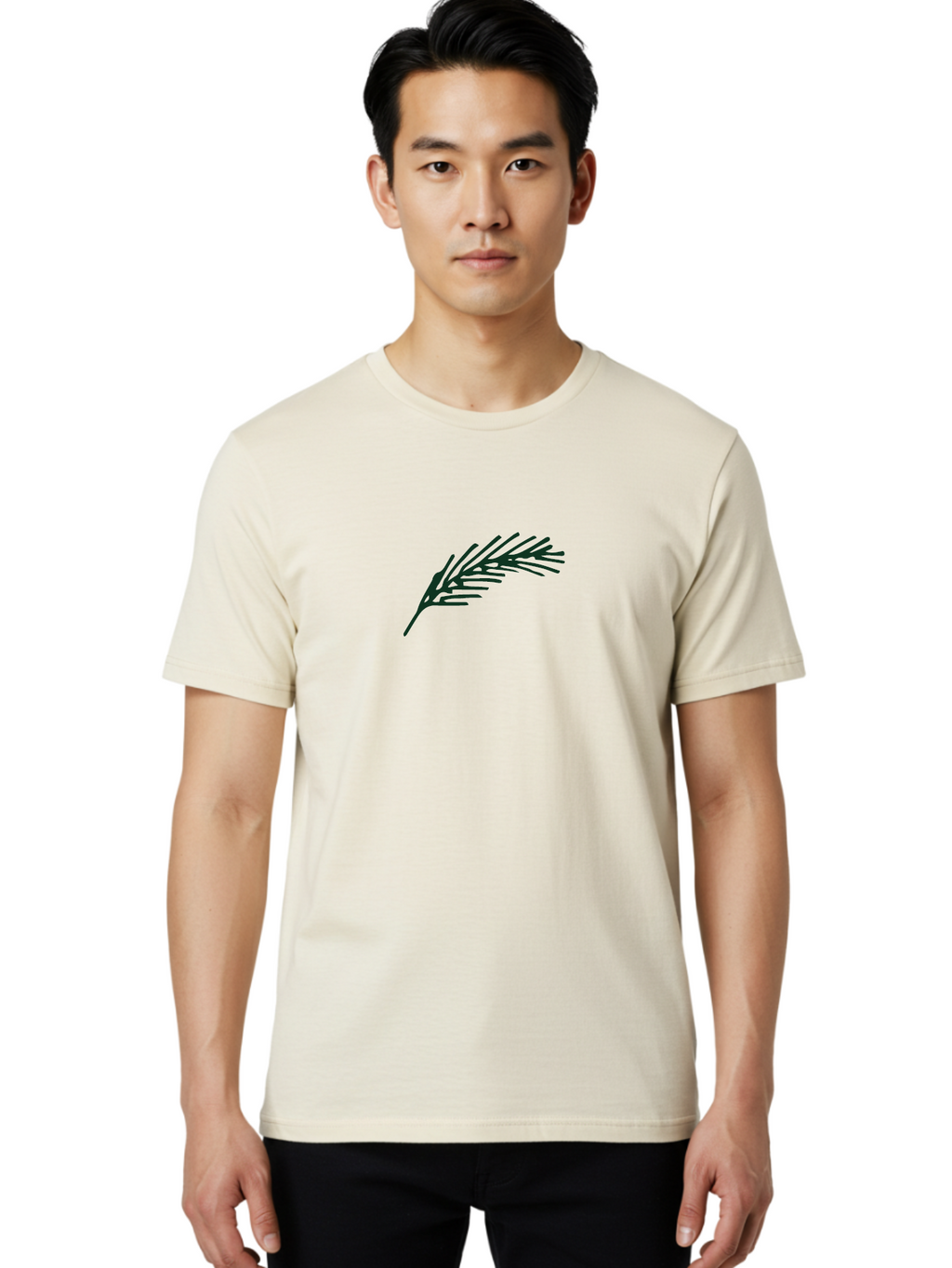 Feather Men'S Graphic Tee, 100% Cotton, Comfortable Casual Summer Wear, Machine Washable, Simple Pine Branch, Minimalist Design, Black Silhouette, Leafy Greens, Botanical Illustration, Natural Elements, Abstract Art, Modern Graphics -  Aaa873