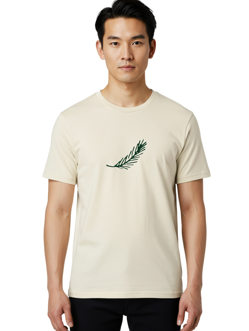 Fern-Frond Men'S Graphic Tee, 100% Cotton, Comfortable Casual Summer Wear, Machine Washable, Simple Line Art, Minimalist Design, Pine Needle Illustration, Black Silhouette, Elegant Graphic, Nature Inspired, Botanical Element, -  Aaa876