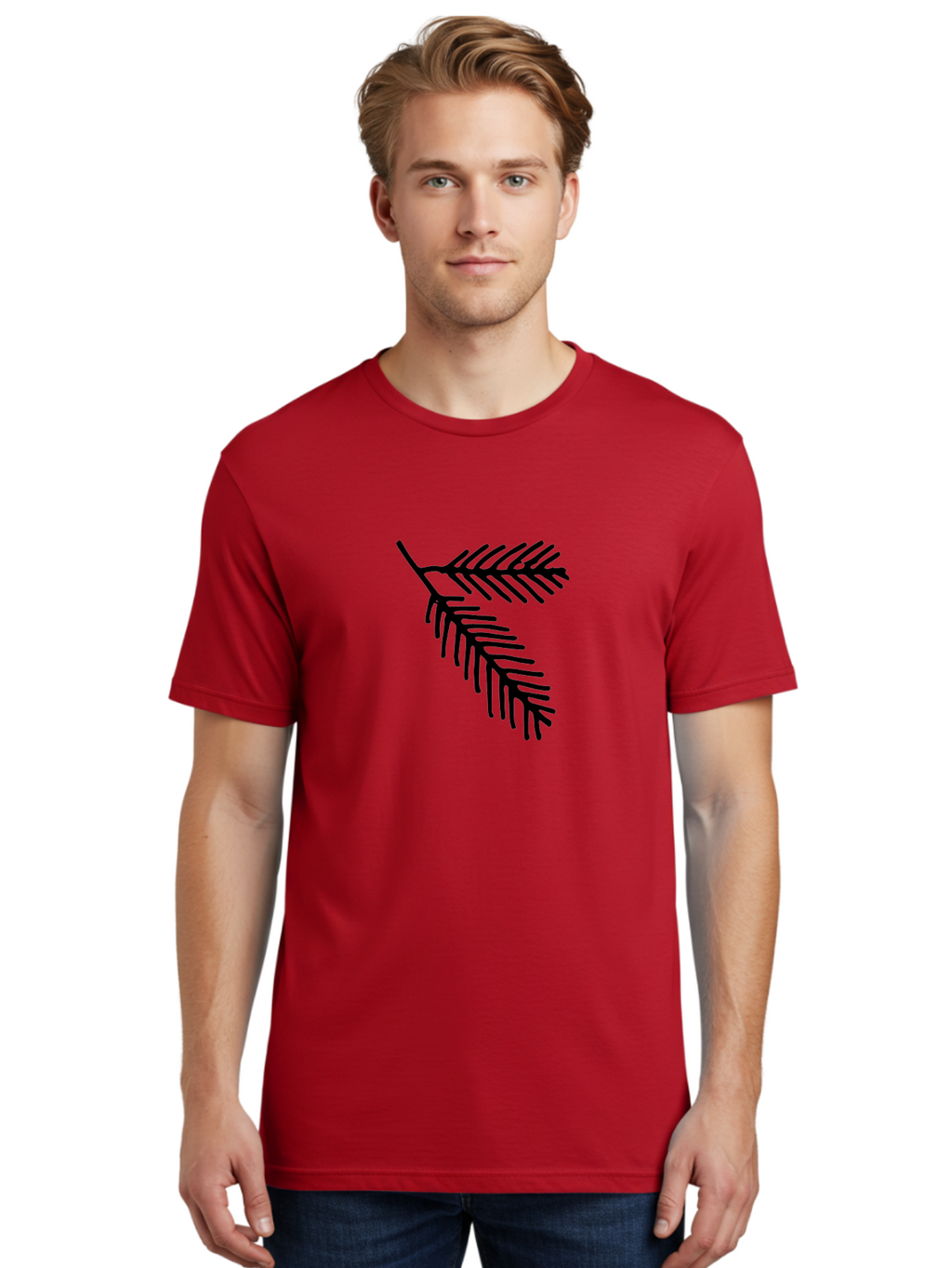Fir-Branch Men'S Graphic Tee, 100% Cotton, Comfortable Casual Summer Wear, Machine Washable, Pine Branch Illustration, Black Silhouette, Simple Design, Minimalist Art, Nature-Inspired Graphics, Evergreen Branch, Digital Art -  Aaa878