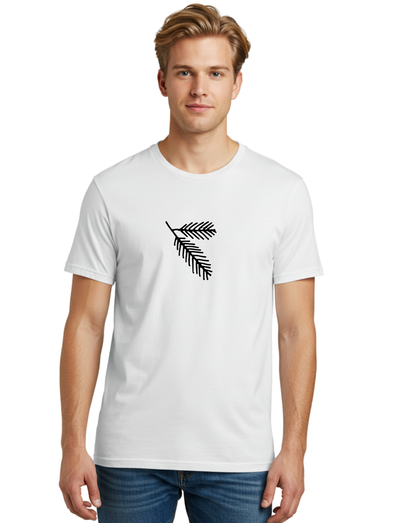 Fir-Branch Men'S Graphic Tee, 100% Cotton, Comfortable Casual Summer Wear, Machine Washable, Pine Branch Illustration, Black Silhouette, Simple Design, Minimalist Art, Nature-Inspired Graphics, Evergreen Branch, Digital Art -  Aaa878