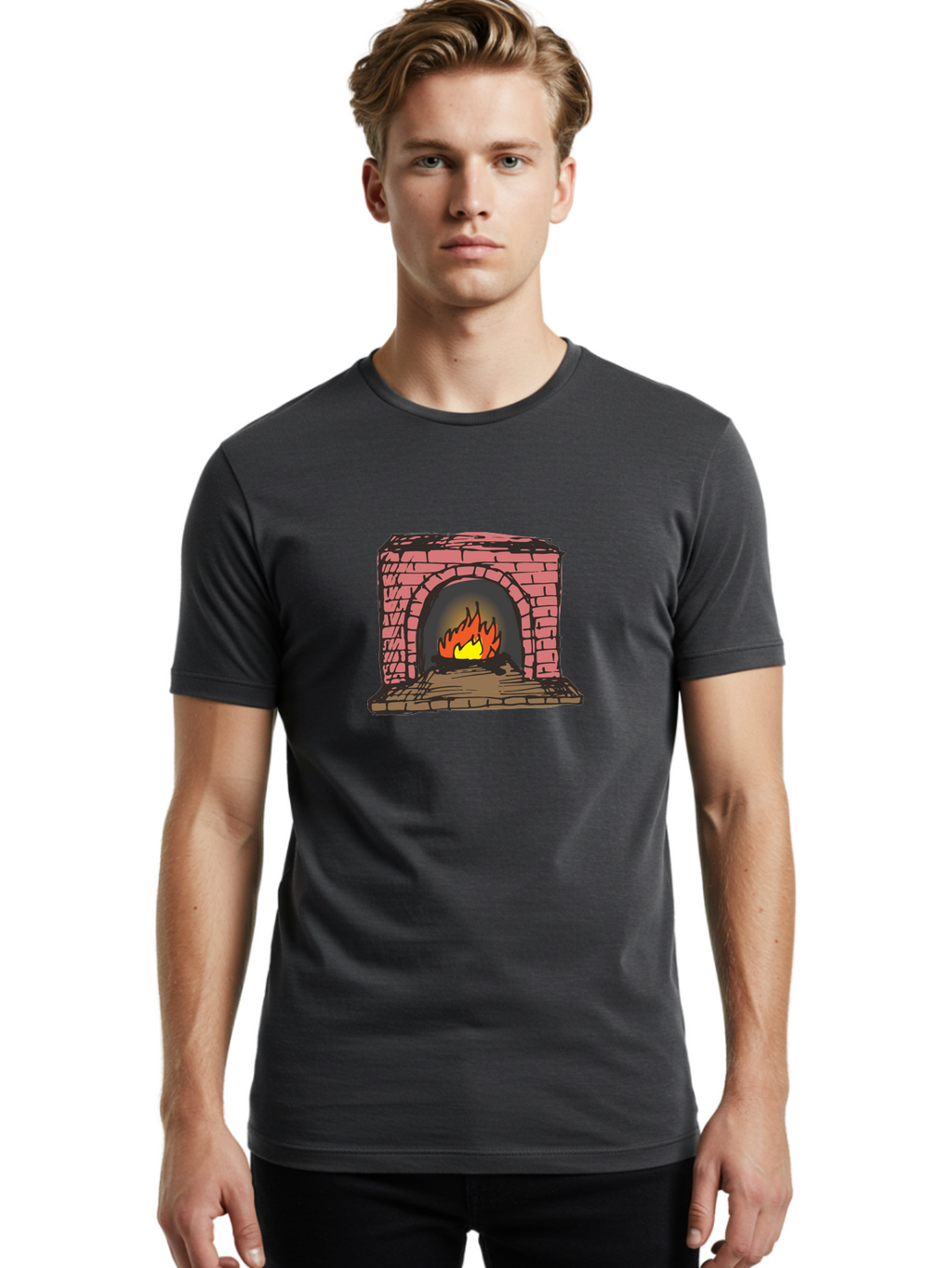 Fireplace-1 Men'S Graphic Tee, 100% Cotton, Comfortable Casual Summer Wear, Machine Washable, Cozy Fireplace, Burning Fire, Warm Flames, Brick Structure, Wooden Logs, Burning Wood, Warm Ambiance, Crackling Fire -  Aaa879