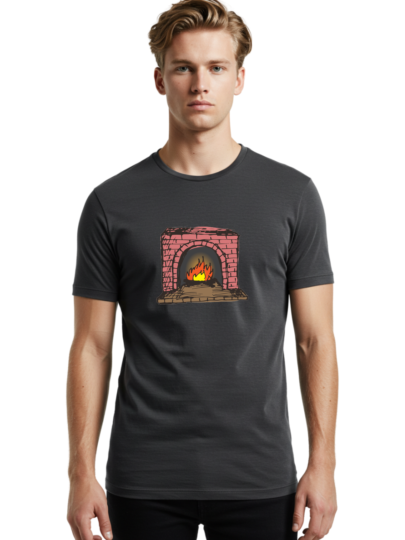 Fireplace-1 Men'S Graphic Tee, 100% Cotton, Comfortable Casual Summer Wear, Machine Washable, Cozy Fireplace, Burning Fire, Warm Flames, Brick Structure, Wooden Logs, Burning Wood, Warm Ambiance, Crackling Fire -  Aaa879