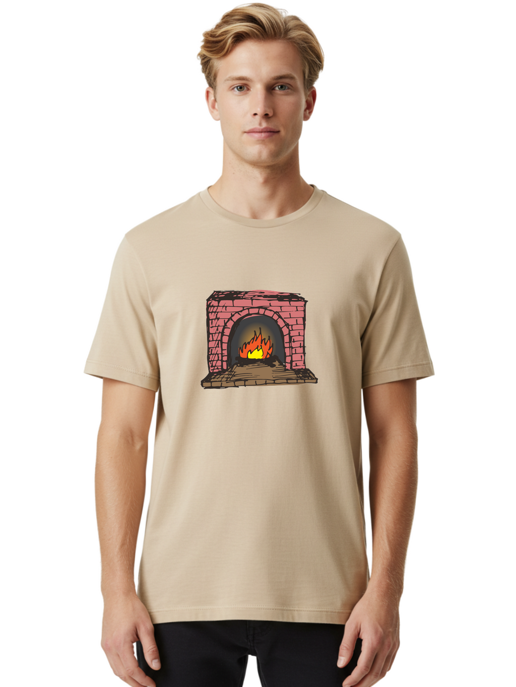 Fireplace-1 Men'S Graphic Tee, 100% Cotton, Comfortable Casual Summer Wear, Machine Washable, Cozy Fireplace, Burning Fire, Warm Flames, Brick Structure, Wooden Logs, Burning Wood, Warm Ambiance, Crackling Fire -  Aaa879