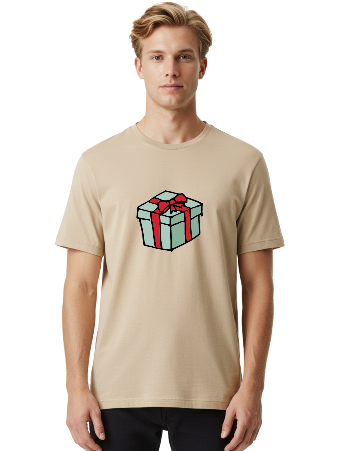 Gift-Box Men'S Graphic Tee, 100% Cotton, Comfortable Casual Summer Wear, Machine Washable, Wrapped Present, Gift Box, Red Ribbon, Festive Wrapping, Holiday Gift, Present With Bow, Gift Idea -  Aaa895