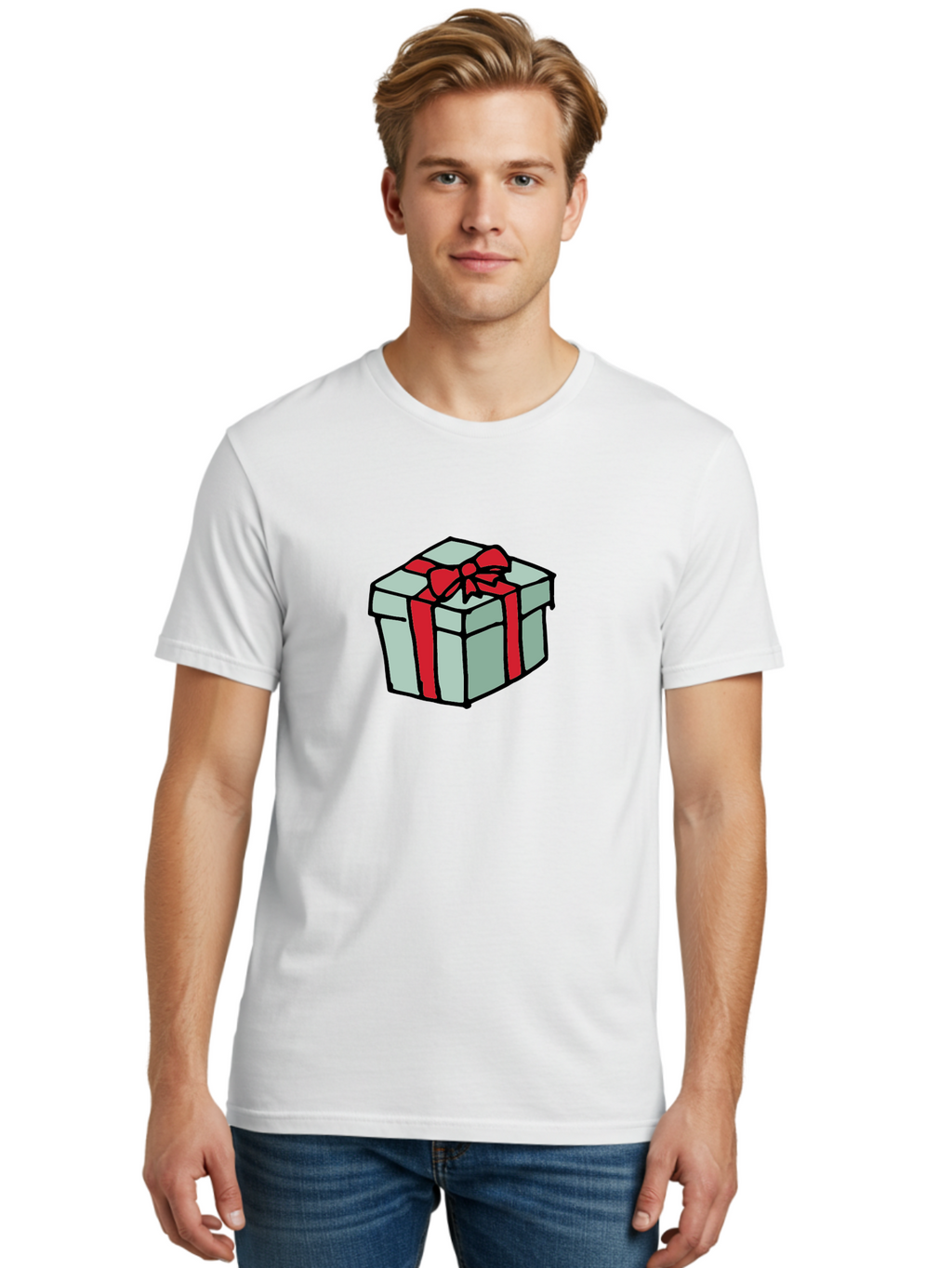 Gift-Box Men'S Graphic Tee, 100% Cotton, Comfortable Casual Summer Wear, Machine Washable, Wrapped Present, Gift Box, Red Ribbon, Festive Wrapping, Holiday Gift, Present With Bow, Gift Idea -  Aaa895