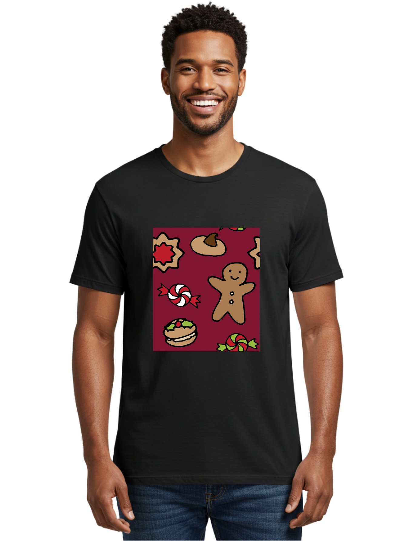 Gingerbread-Man Men'S Graphic Tee, 100% Cotton, Comfortable Casual Summer Wear, Machine Washable, Gingerbread Man, Christmas Sweets, Candies, Cookies, Festive Treats, Holiday Delights, Red And White Swirls, Christmas Cookies, -  Aaa903
