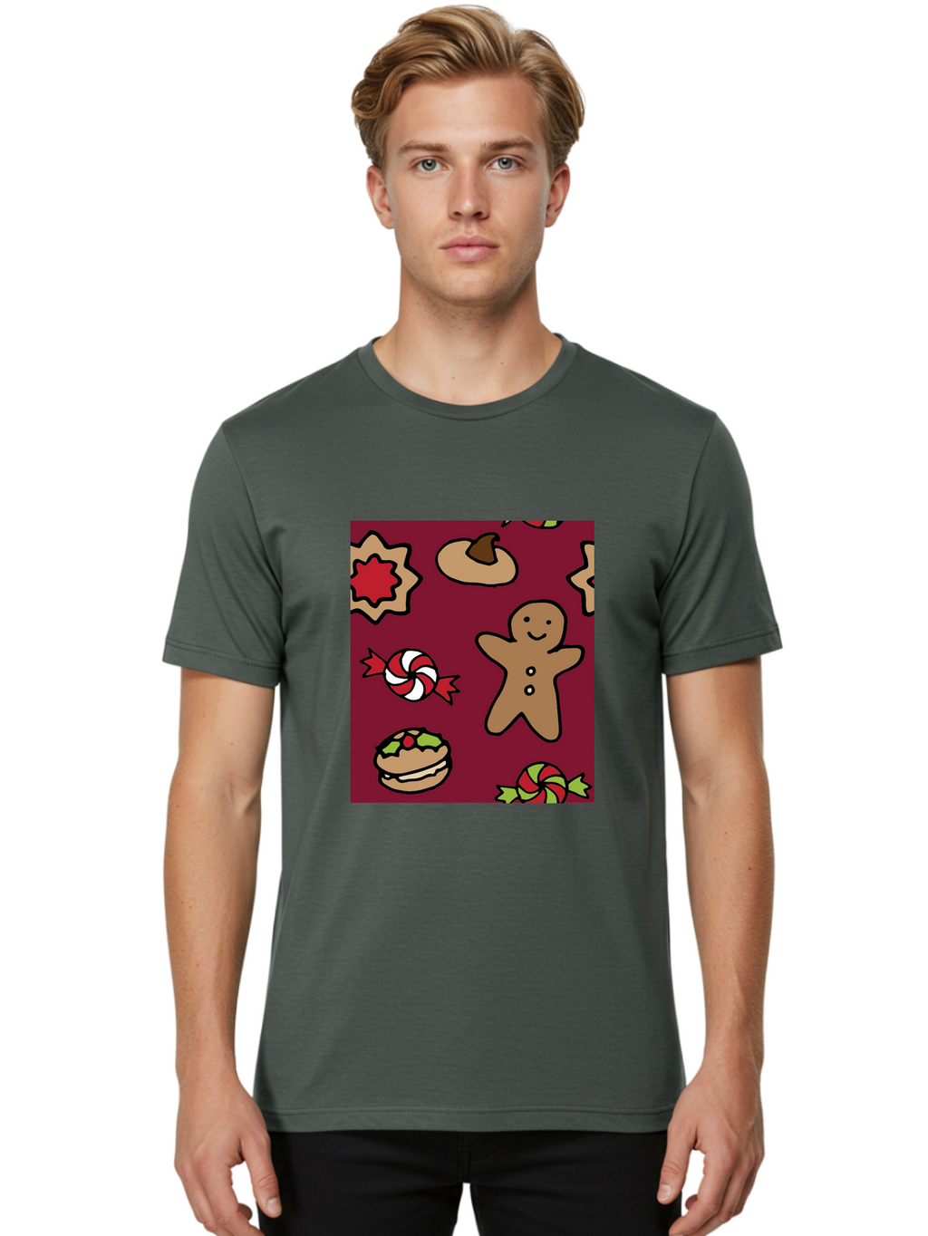 Gingerbread-Man Men'S Graphic Tee, 100% Cotton, Comfortable Casual Summer Wear, Machine Washable, Gingerbread Man, Christmas Sweets, Candies, Cookies, Festive Treats, Holiday Delights, Red And White Swirls, Christmas Cookies, -  Aaa903
