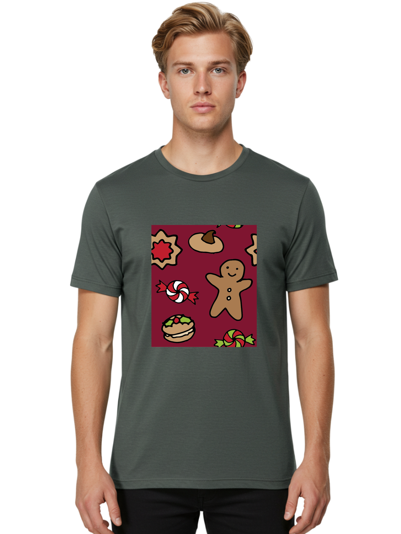 Gingerbread-Man Men'S Graphic Tee, 100% Cotton, Comfortable Casual Summer Wear, Machine Washable, Gingerbread Man, Christmas Sweets, Candies, Cookies, Festive Treats, Holiday Delights, Red And White Swirls, Christmas Cookies, -  Aaa903