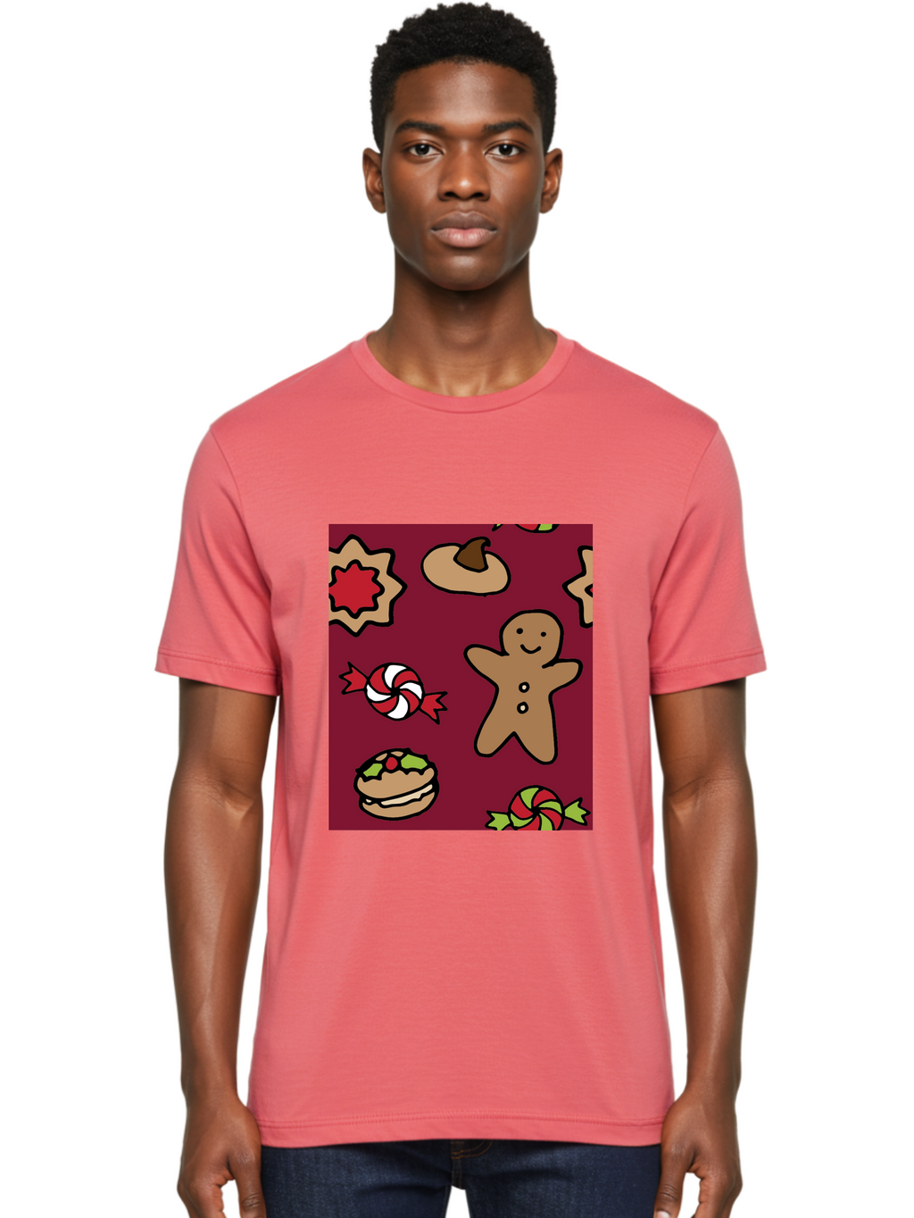 Gingerbread-Man Men'S Graphic Tee, 100% Cotton, Comfortable Casual Summer Wear, Machine Washable, Gingerbread Man, Christmas Sweets, Candies, Cookies, Festive Treats, Holiday Delights, Red And White Swirls, Christmas Cookies, -  Aaa903