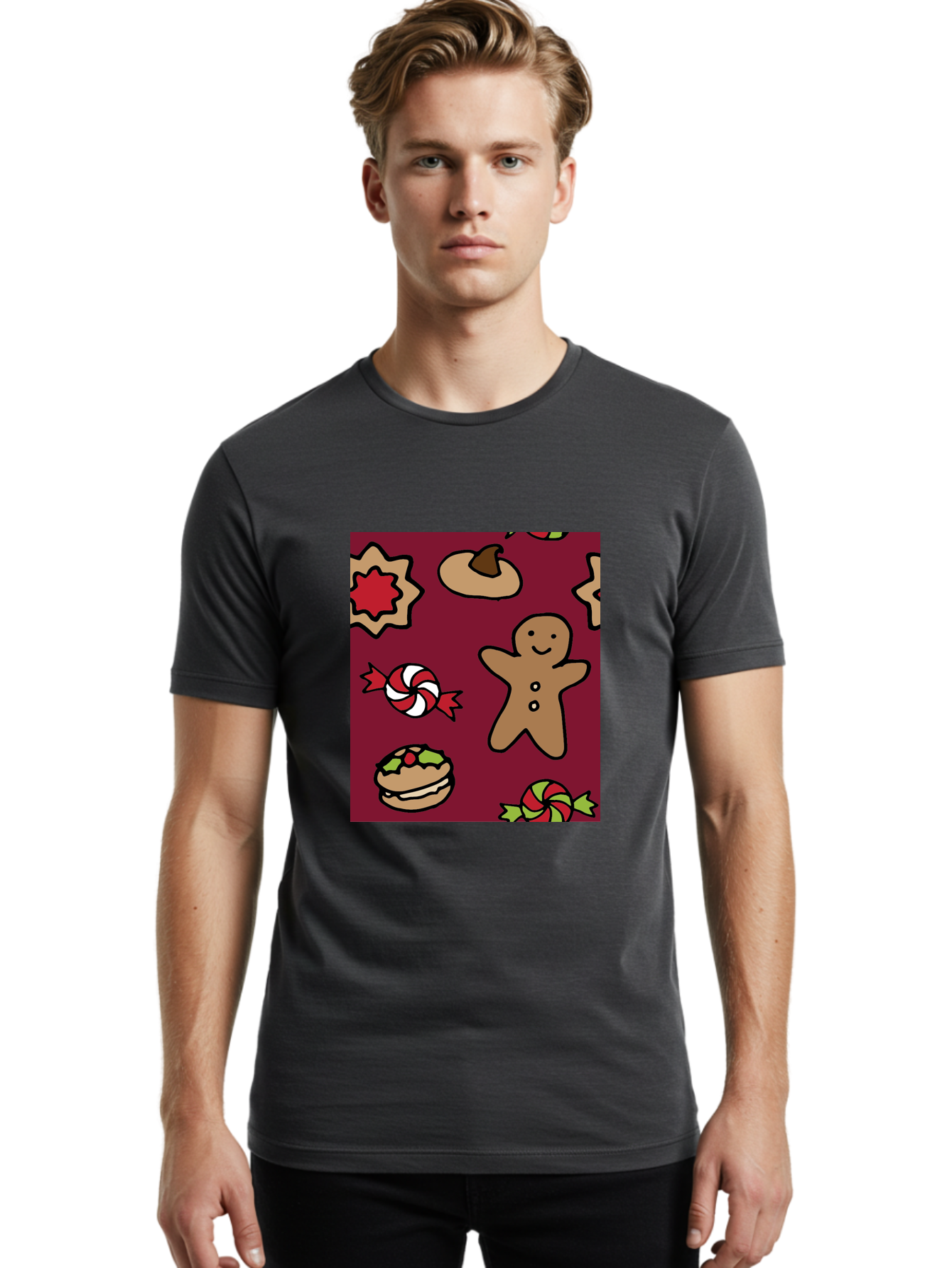 Gingerbread-Man Men'S Graphic Tee, 100% Cotton, Comfortable Casual Summer Wear, Machine Washable, Gingerbread Man, Christmas Sweets, Candies, Cookies, Festive Treats, Holiday Delights, Red And White Swirls, Christmas Cookies, -  Aaa903