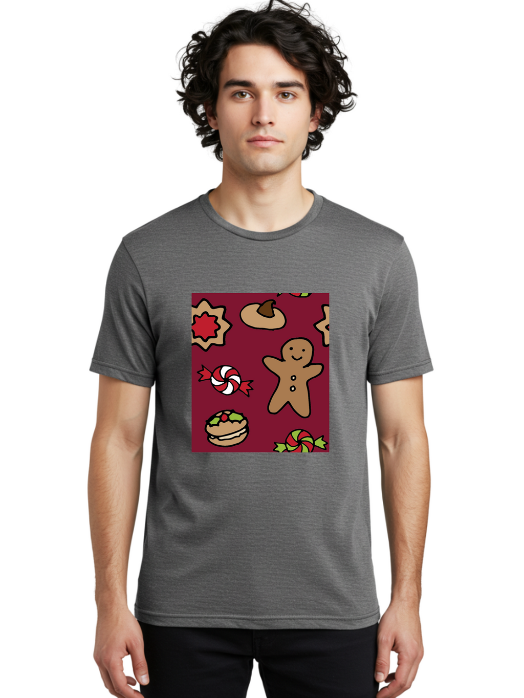 Gingerbread-Man Men'S Graphic Tee, 100% Cotton, Comfortable Casual Summer Wear, Machine Washable, Gingerbread Man, Christmas Sweets, Candies, Cookies, Festive Treats, Holiday Delights, Red And White Swirls, Christmas Cookies, -  Aaa903