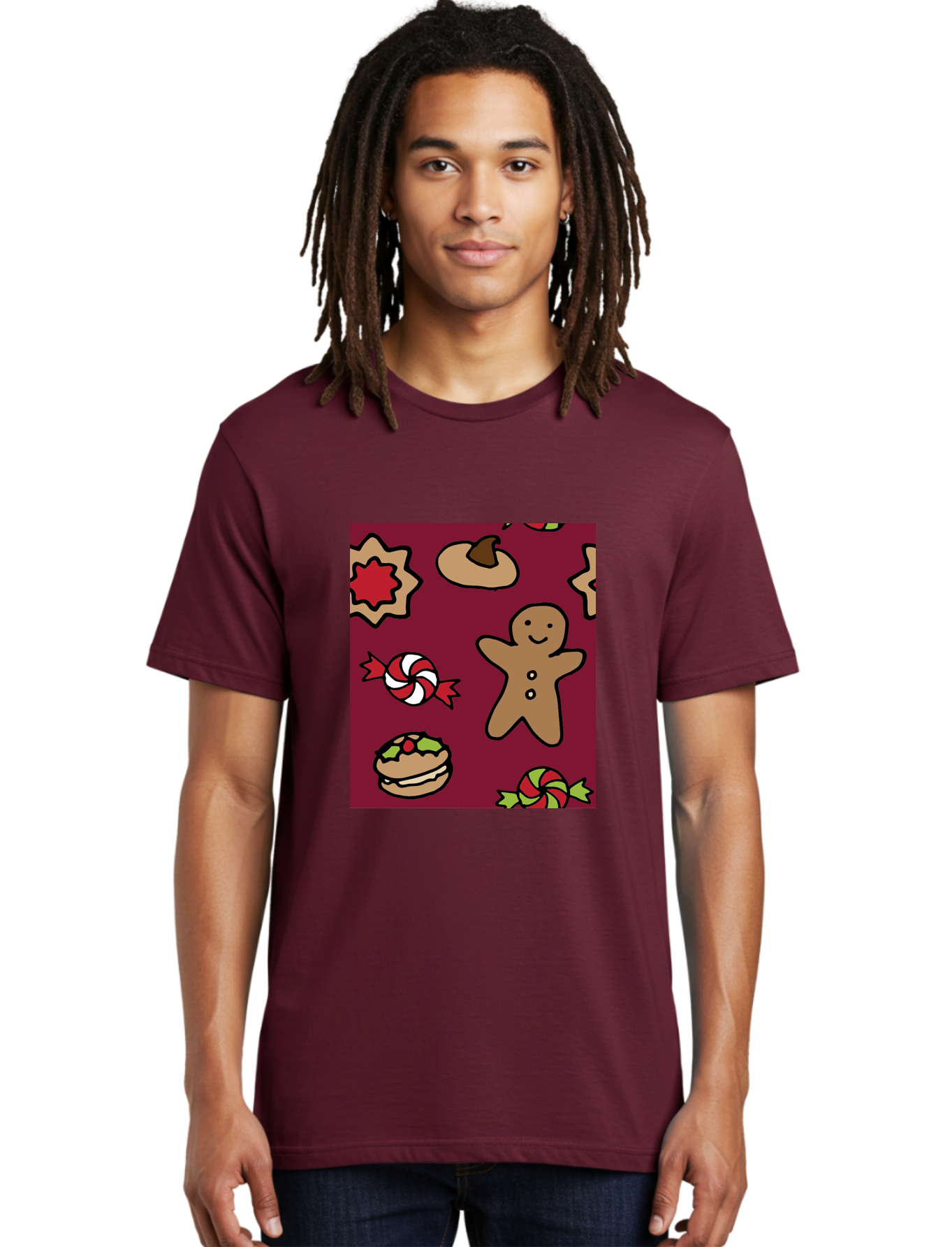 Gingerbread-Man Men'S Graphic Tee, 100% Cotton, Comfortable Casual Summer Wear, Machine Washable, Gingerbread Man, Christmas Sweets, Candies, Cookies, Festive Treats, Holiday Delights, Red And White Swirls, Christmas Cookies, -  Aaa903