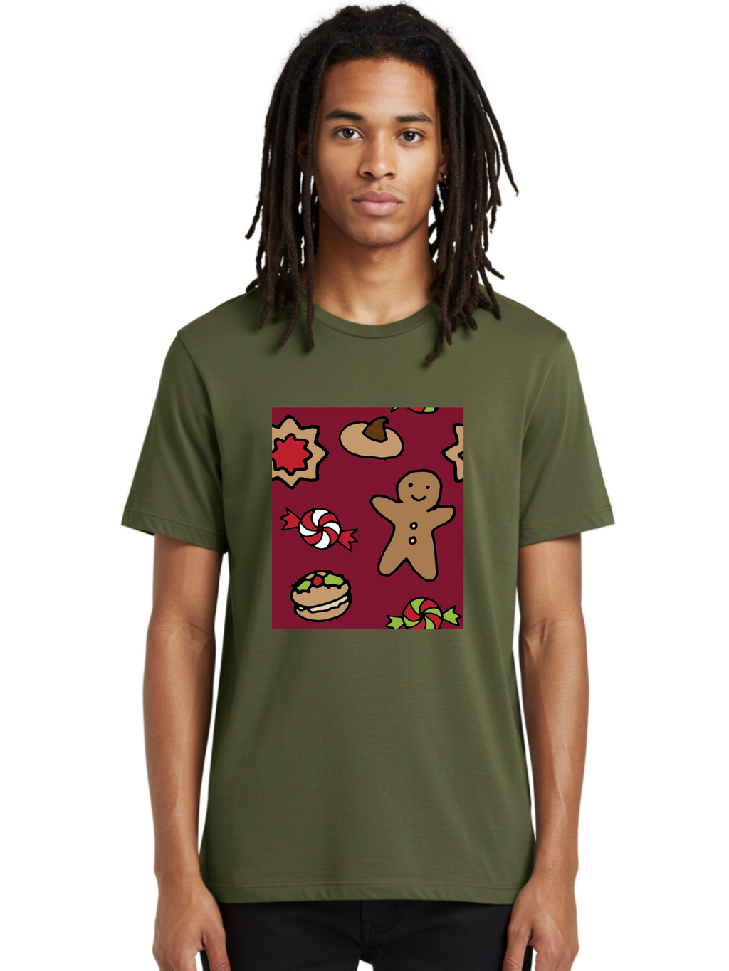 Gingerbread-Man Men'S Graphic Tee, 100% Cotton, Comfortable Casual Summer Wear, Machine Washable, Gingerbread Man, Christmas Sweets, Candies, Cookies, Festive Treats, Holiday Delights, Red And White Swirls, Christmas Cookies, -  Aaa903