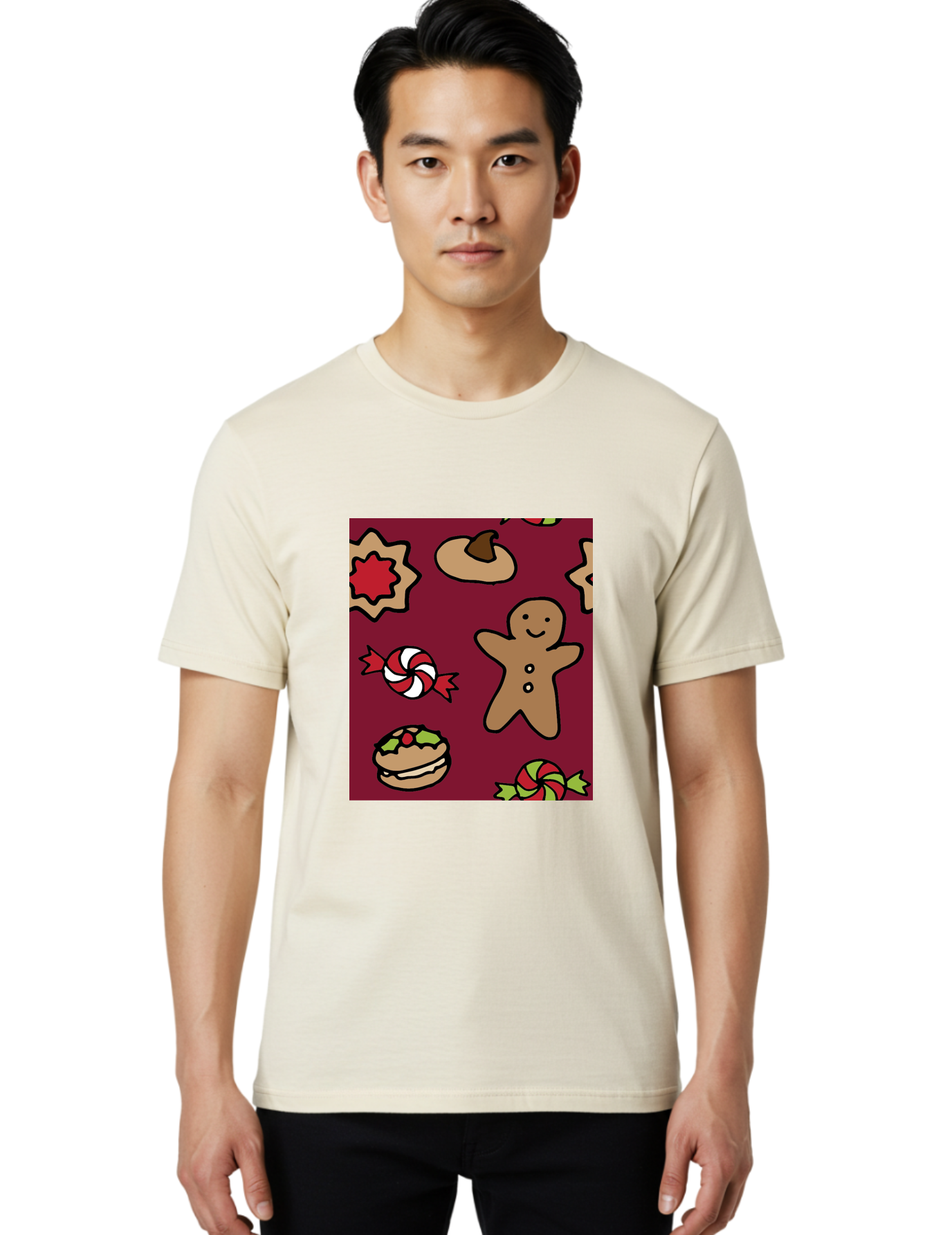 Gingerbread-Man Men'S Graphic Tee, 100% Cotton, Comfortable Casual Summer Wear, Machine Washable, Gingerbread Man, Christmas Sweets, Candies, Cookies, Festive Treats, Holiday Delights, Red And White Swirls, Christmas Cookies, -  Aaa903