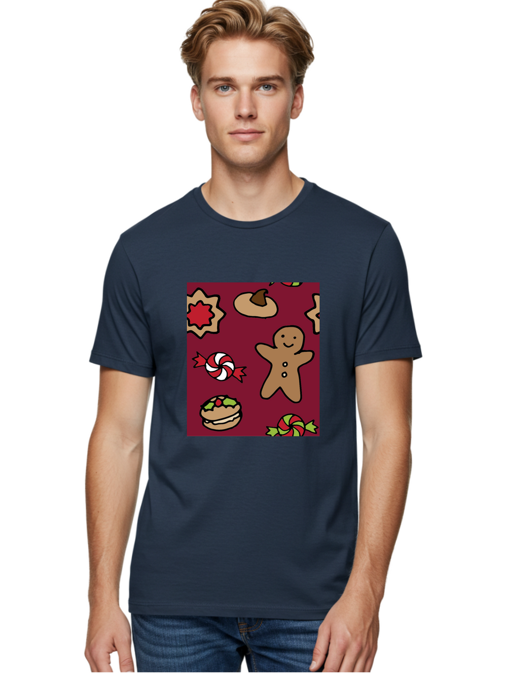 Gingerbread-Man Men'S Graphic Tee, 100% Cotton, Comfortable Casual Summer Wear, Machine Washable, Gingerbread Man, Christmas Sweets, Candies, Cookies, Festive Treats, Holiday Delights, Red And White Swirls, Christmas Cookies, -  Aaa903