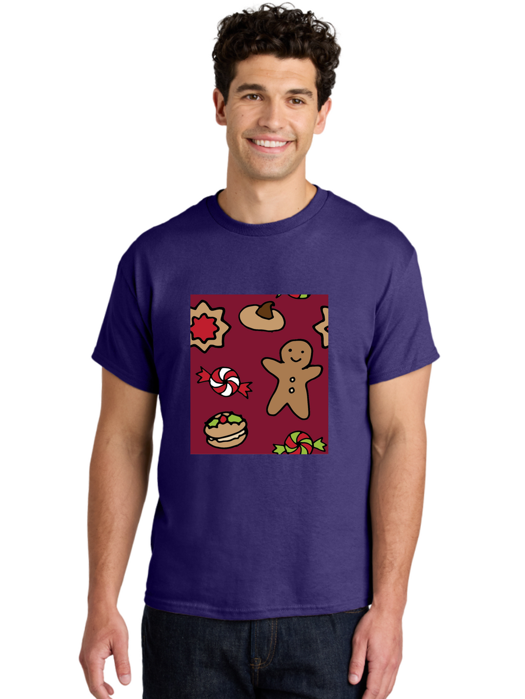 Gingerbread-Man Men'S Graphic Tee, 100% Cotton, Comfortable Casual Summer Wear, Machine Washable, Gingerbread Man, Christmas Sweets, Candies, Cookies, Festive Treats, Holiday Delights, Red And White Swirls, Christmas Cookies, -  Aaa903