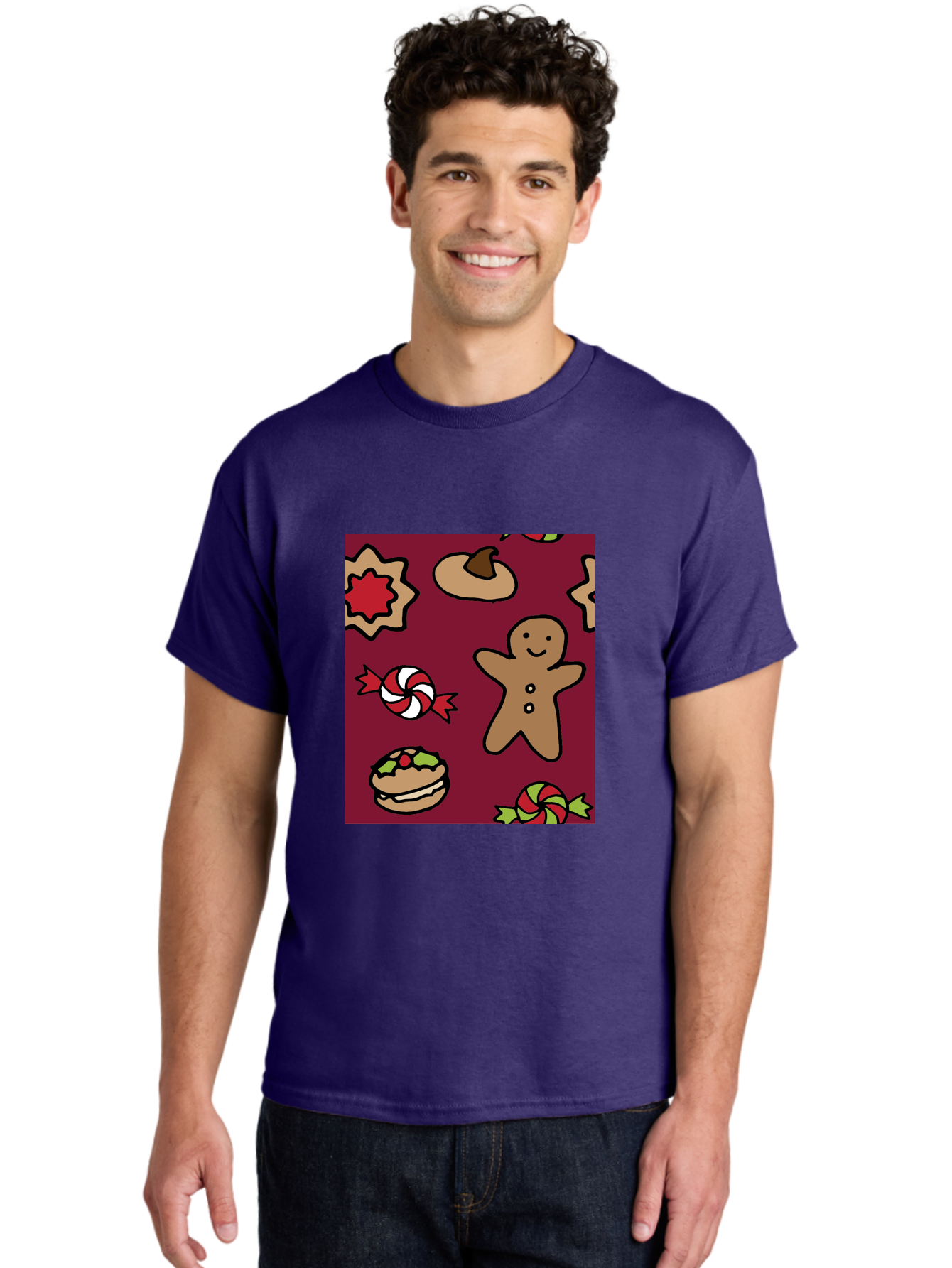 Gingerbread-Man Men'S Graphic Tee, 100% Cotton, Comfortable Casual Summer Wear, Machine Washable, Gingerbread Man, Christmas Sweets, Candies, Cookies, Festive Treats, Holiday Delights, Red And White Swirls, Christmas Cookies, -  Aaa903